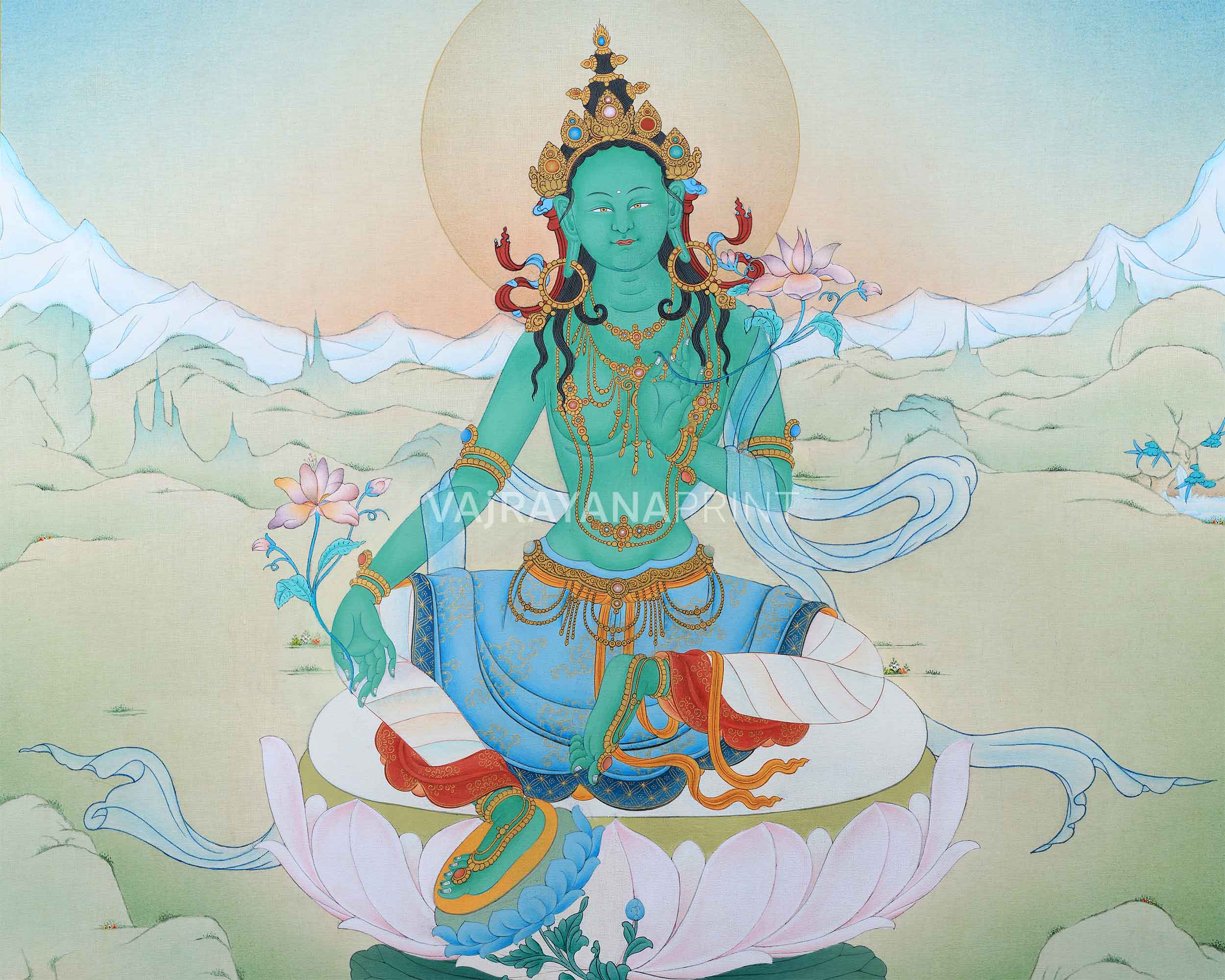 Mother Green Tara Thangka Print | Goddess of Compassion | Tibetan Buddhist Artwork
