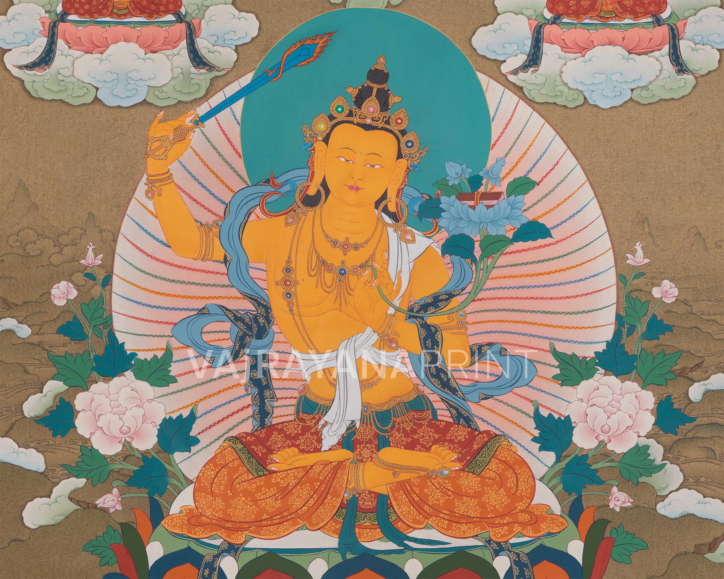 Explore The Compassion With Manjushree Thangka Print | Bodhisattva Artwork