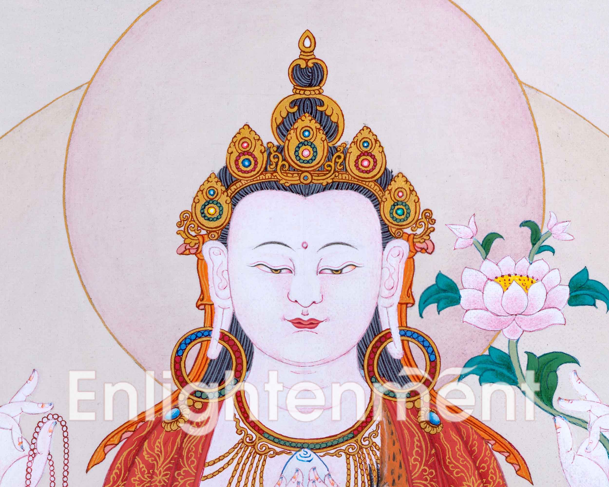 Avalokiteshvara Mantra Tibetan Thangka Using Stone Colors | Himalayan Buddhist Sacred Art Of Chenrezig