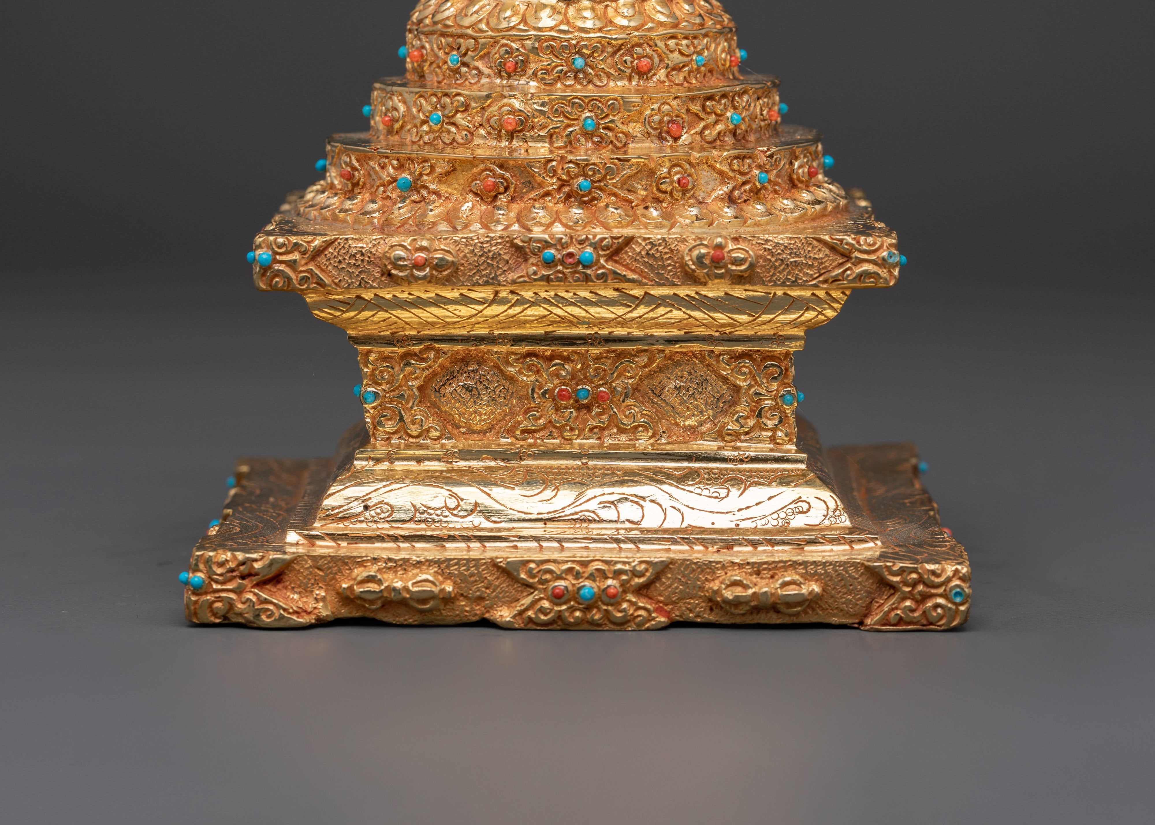 Handcrafted Tibetan Pagoda Sculpture | Gold-Plated Copper Stupa