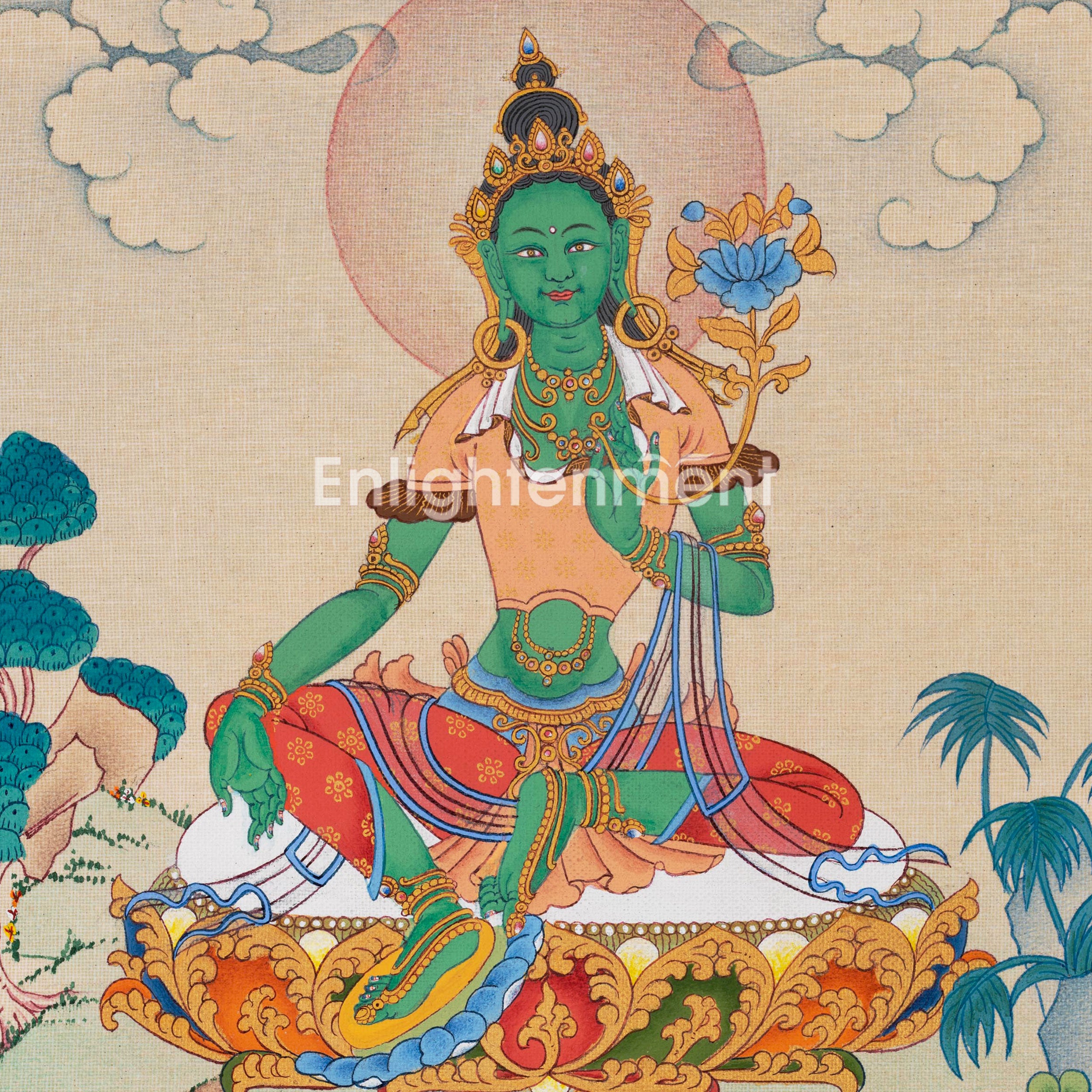 The Grace of Green Tara | Hand Painted Thangka For Decor | Traditional Tibetan Artwork