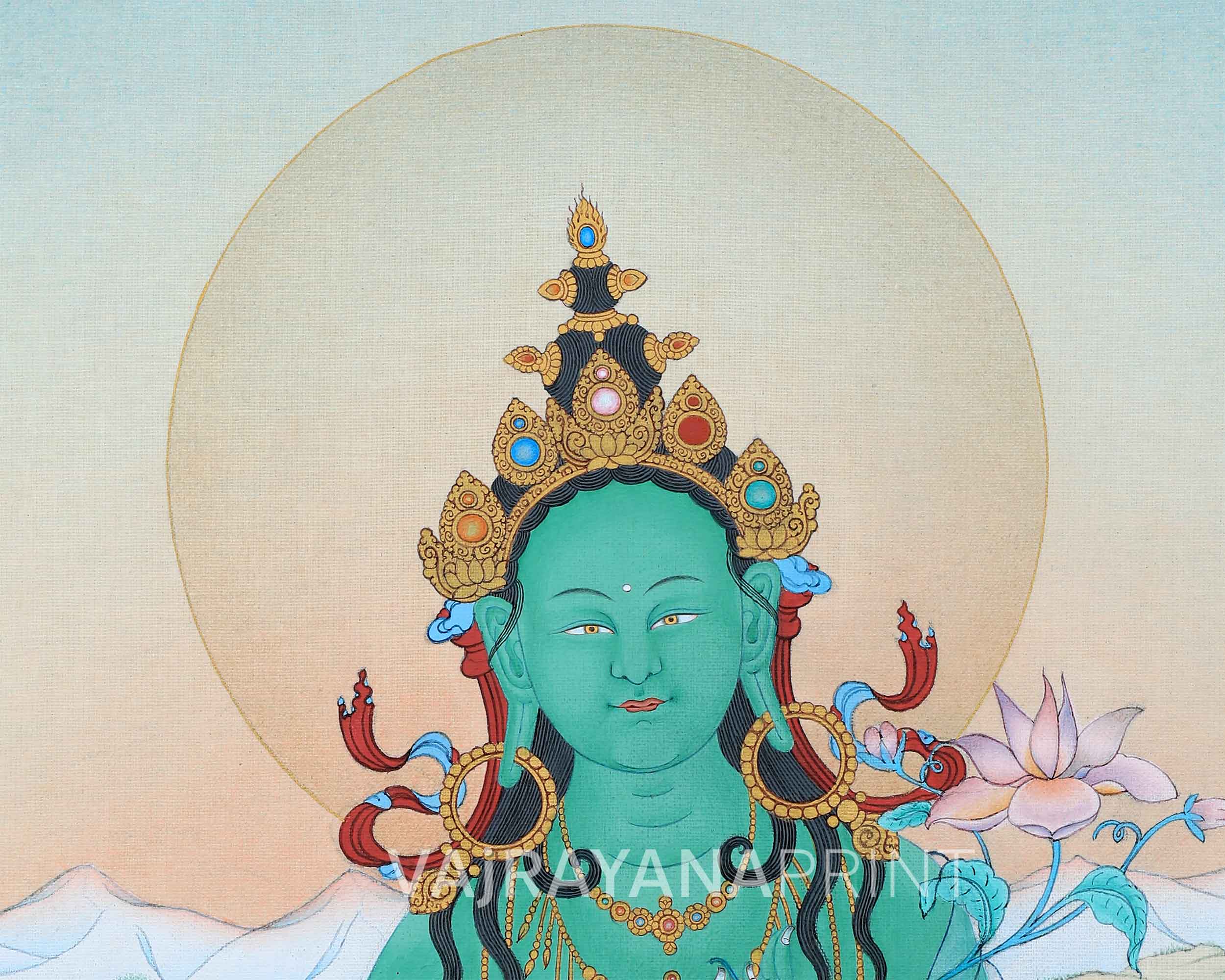 Mother Green Tara Thangka Print | Goddess of Compassion | Tibetan Buddhist Artwork