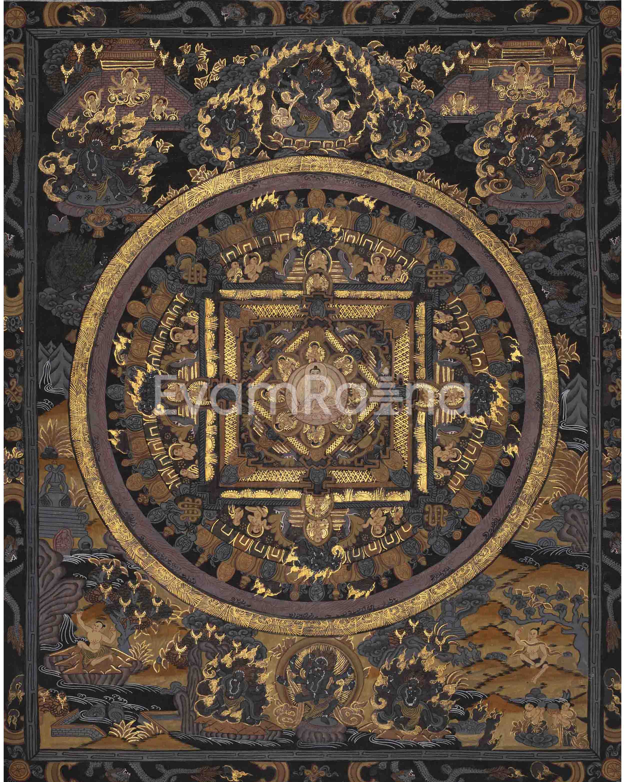 Old Pure Gold and Black Vintage Buddha Mandala