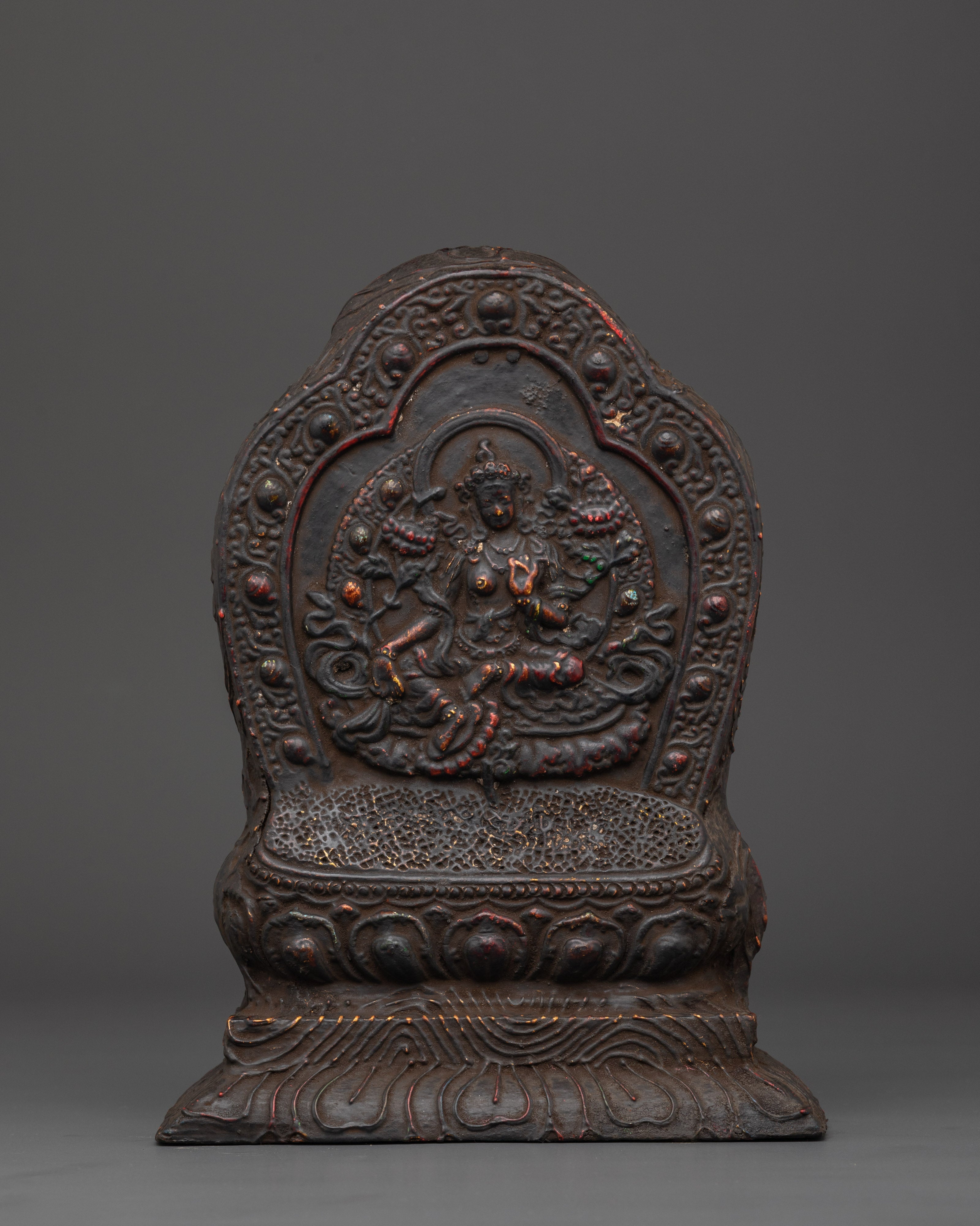 Wood Carved Green Tara Statue | 25.5 cm Tall Wooden Sculpture