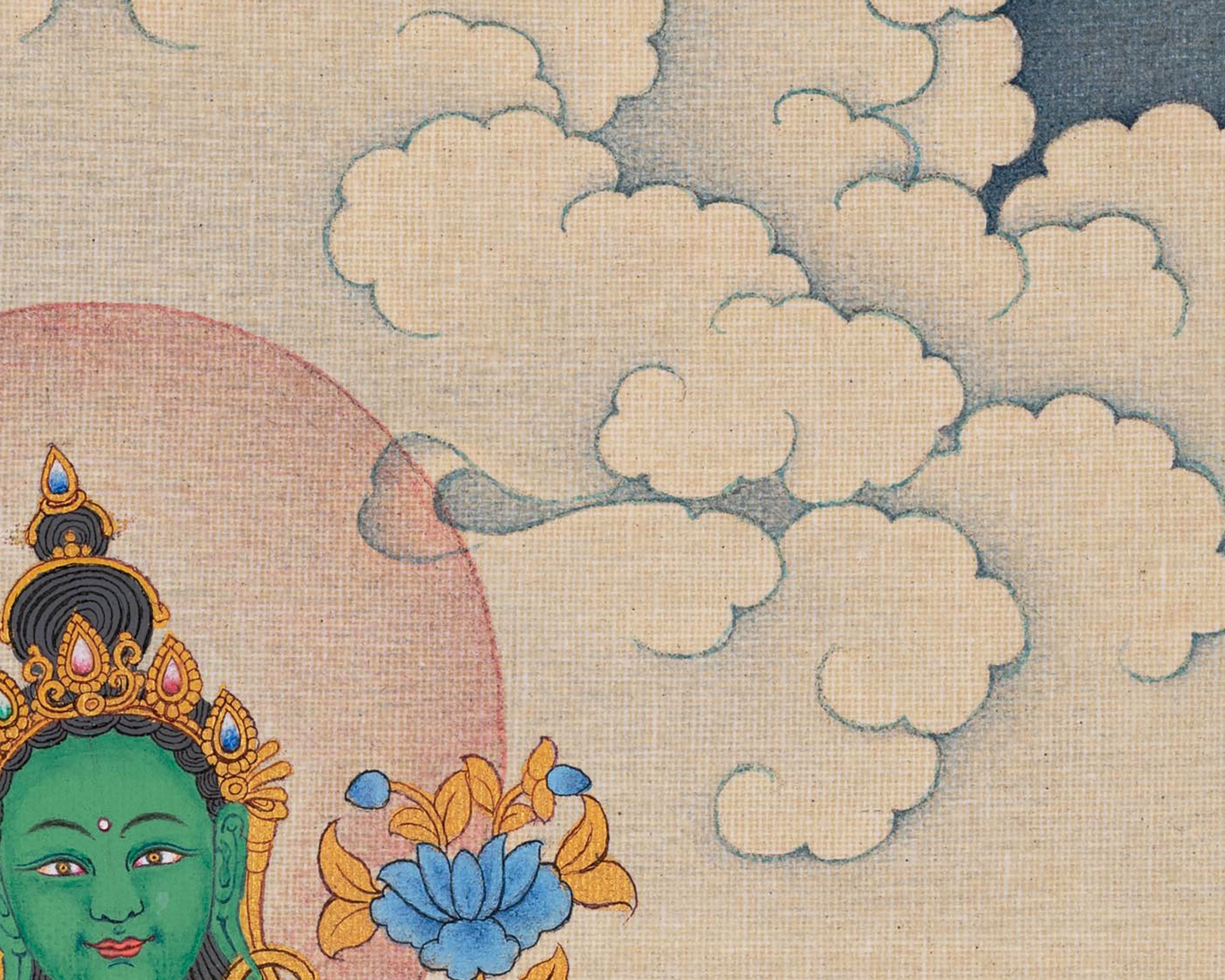 The Grace of Green Tara | Hand Painted Thangka For Decor | Traditional Tibetan Artwork