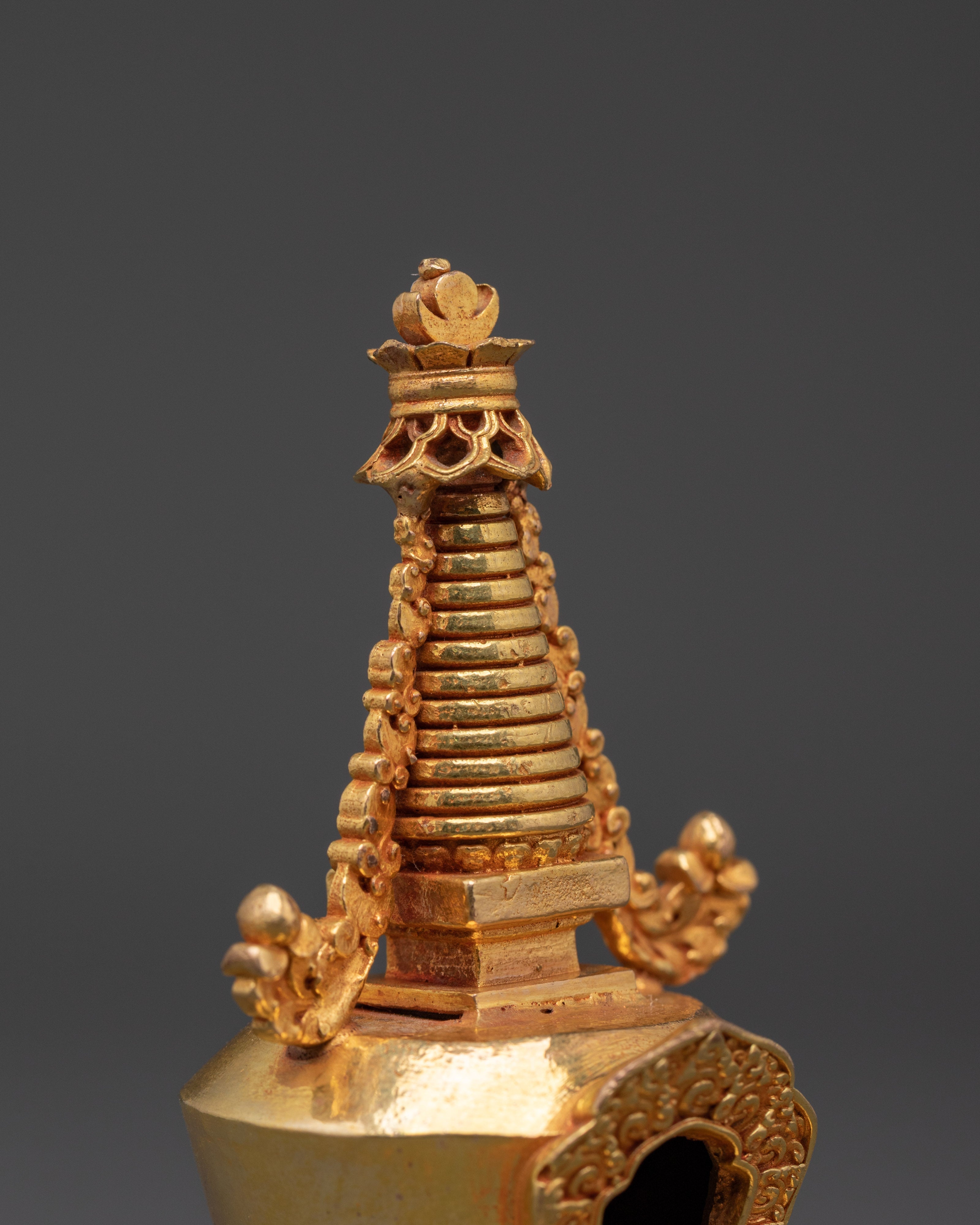 Handcrafted Buddhist Spiritual Copper Stupa Statue | Gold Plated Tibetan Decor