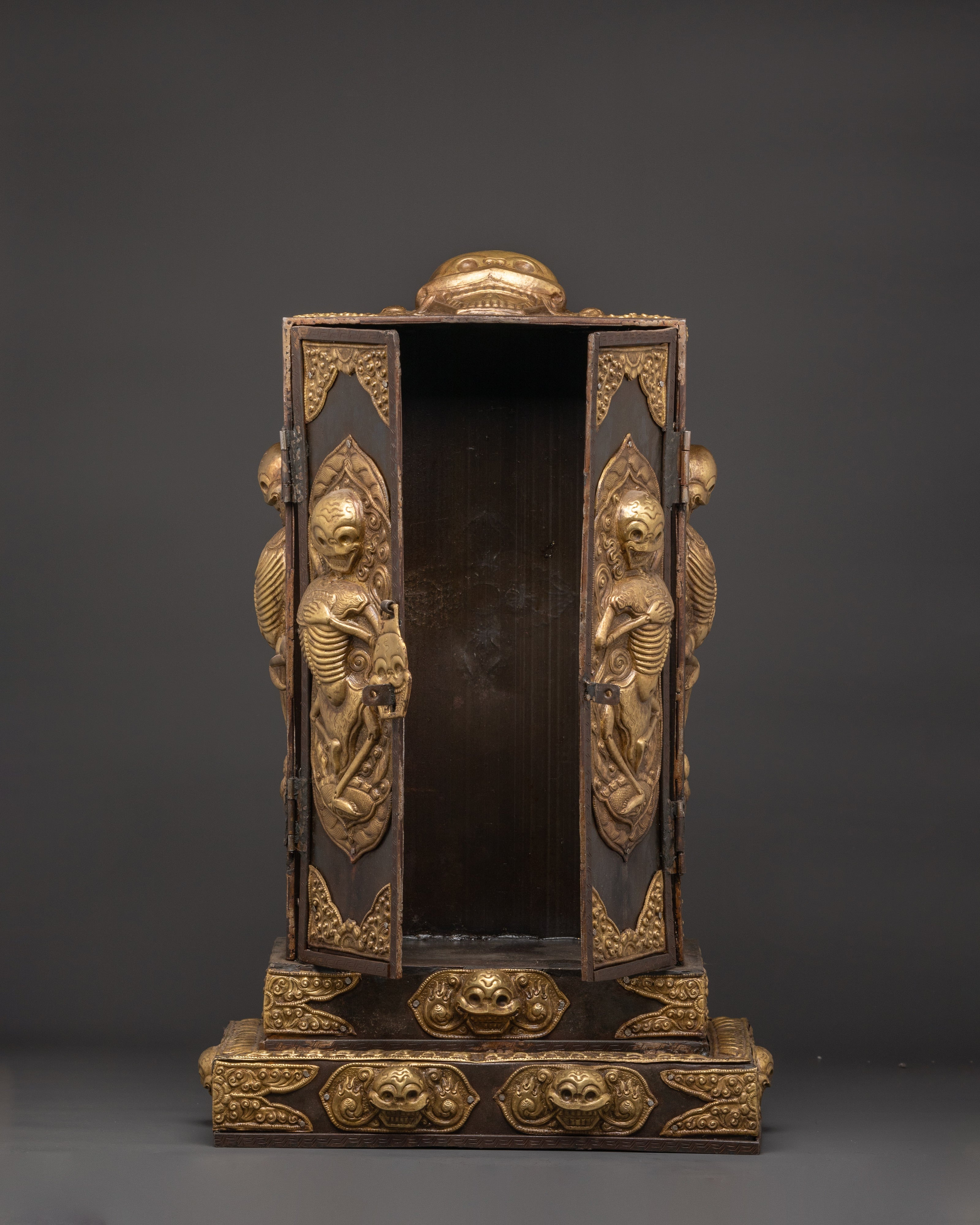Large Chitipati Carved Ghau Box | Iron and Brass Tibetan Shrine Box