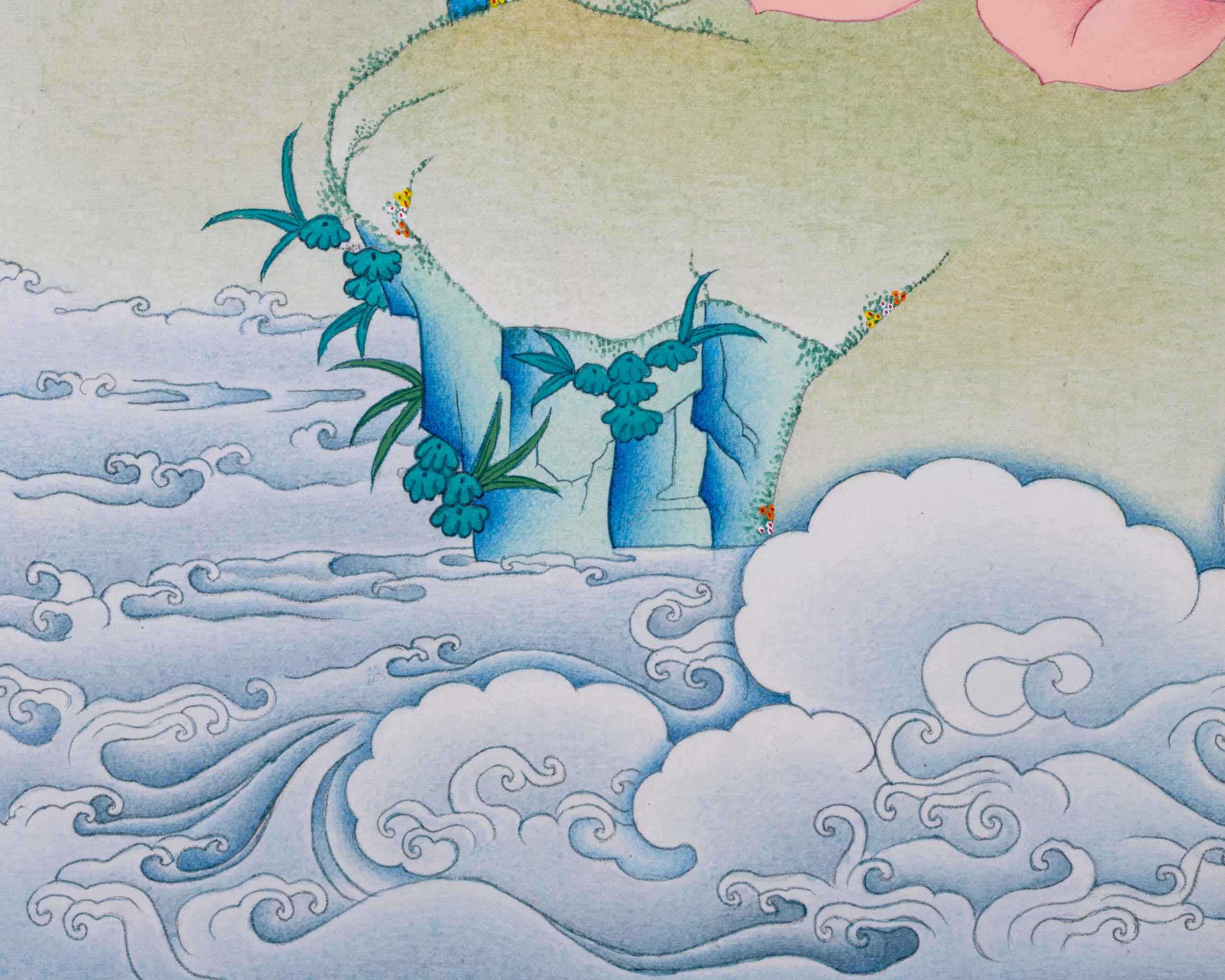Avalokiteshvara Mantra Tibetan Thangka Using Stone Colors | Himalayan Buddhist Sacred Art Of Chenrezig