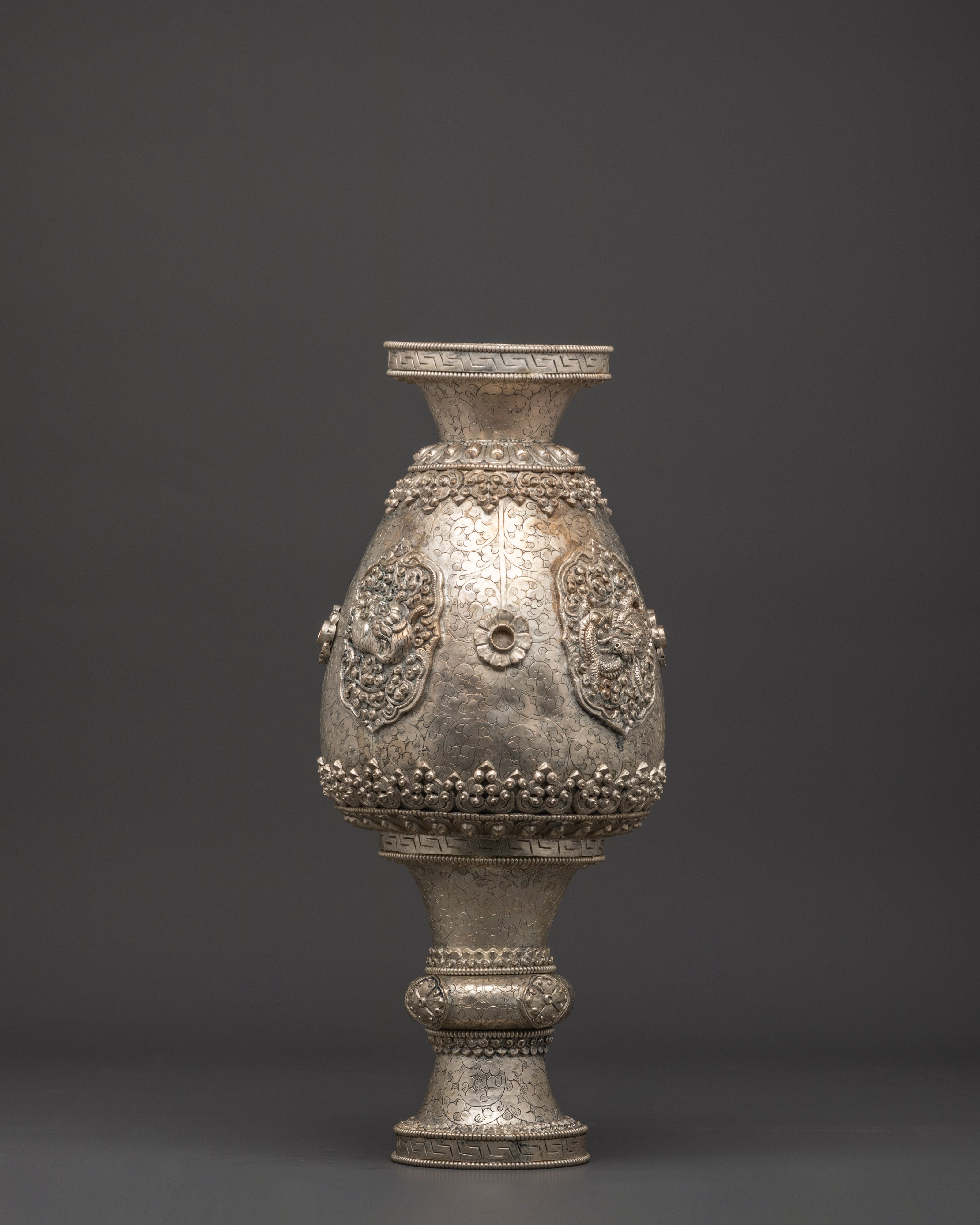 Handcrafted Silver Flower Vase Pair | Tibetan Buddhist Lion Motif Urns
