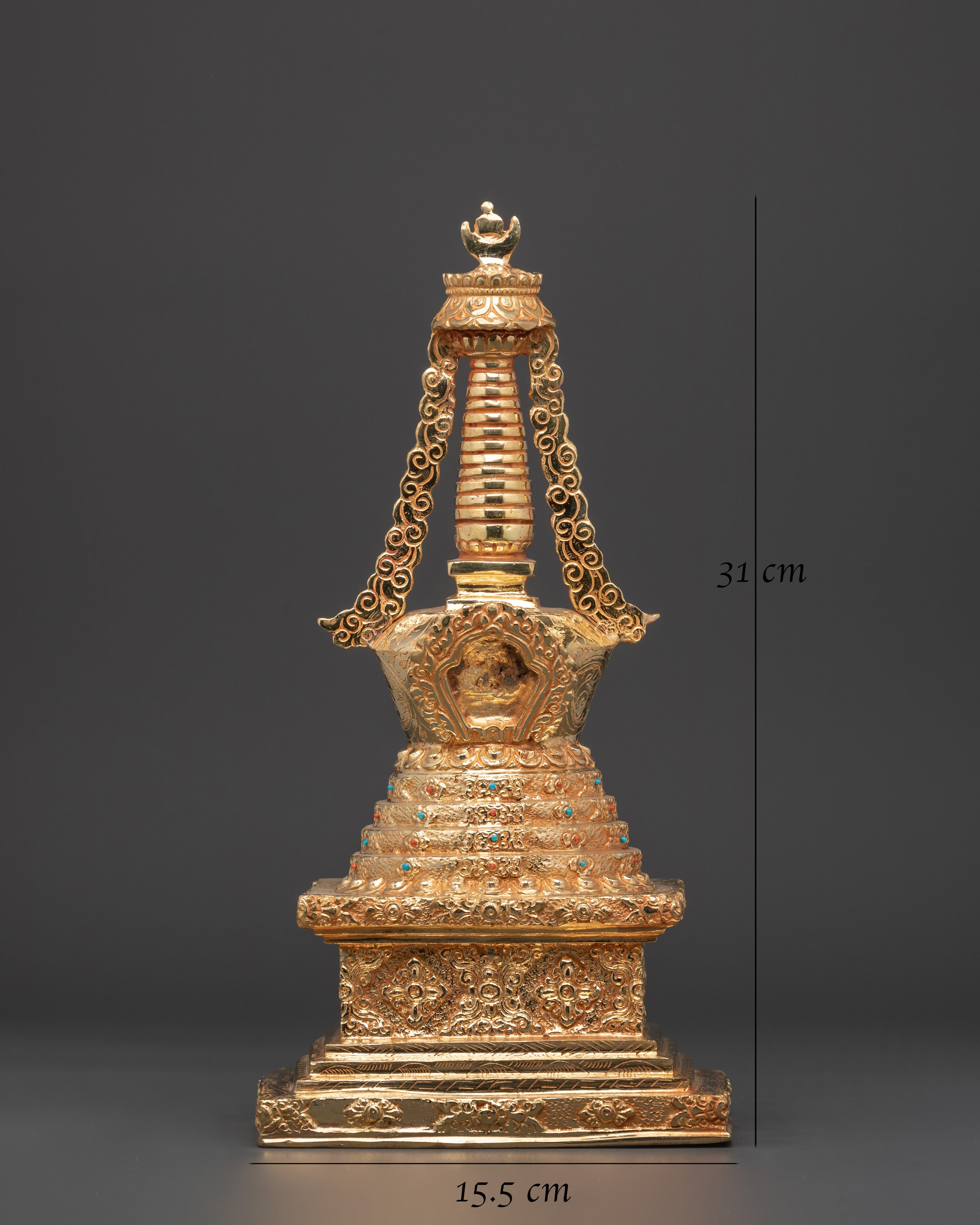 Gold-Plated Stupa Ritual Artifact | Handcrafted Copper Tibetan Stupa with Turquoise