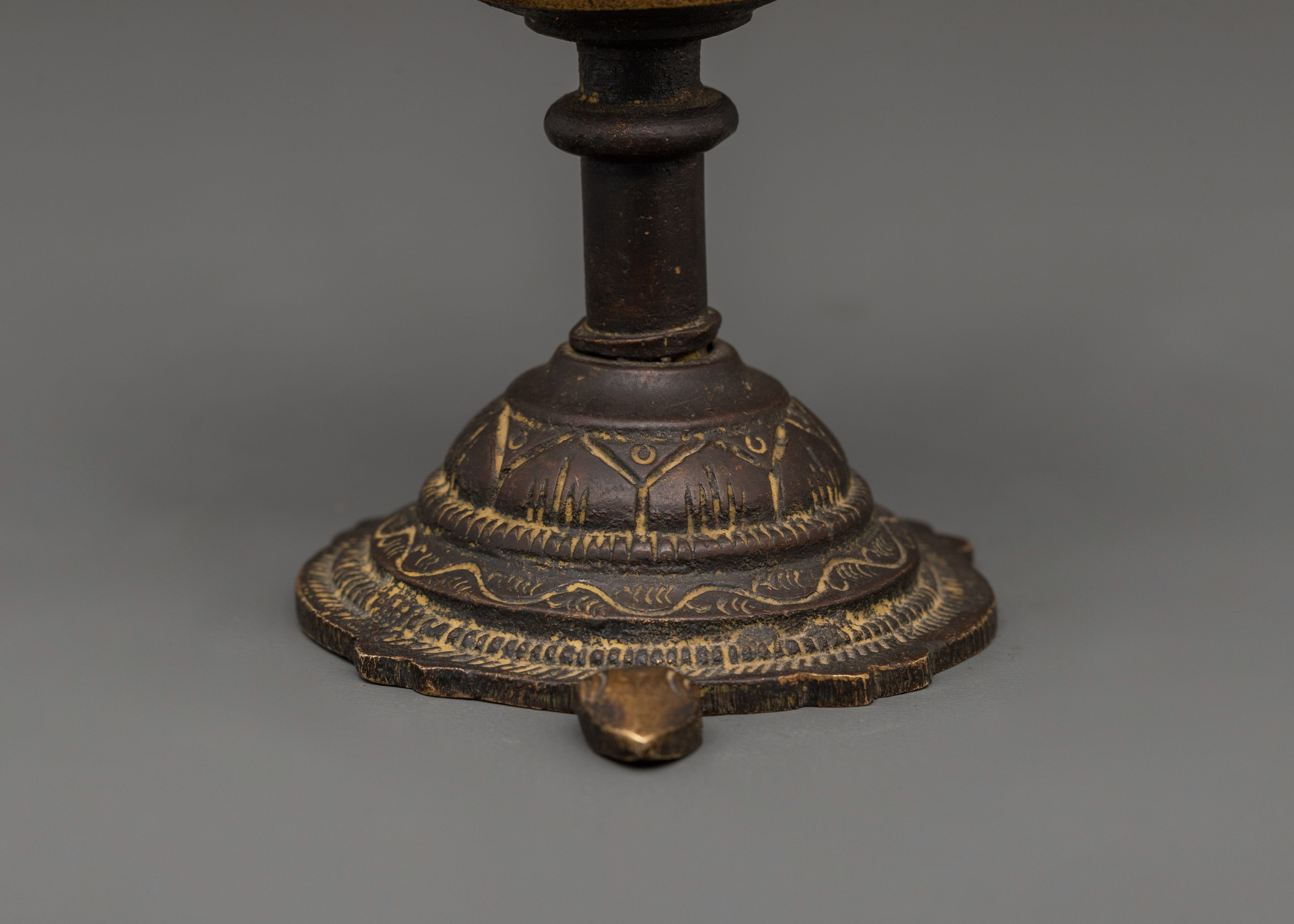 Sacred Tibetan Lotus Lamp for Altar and Ritual Use | Antique Brass Decor