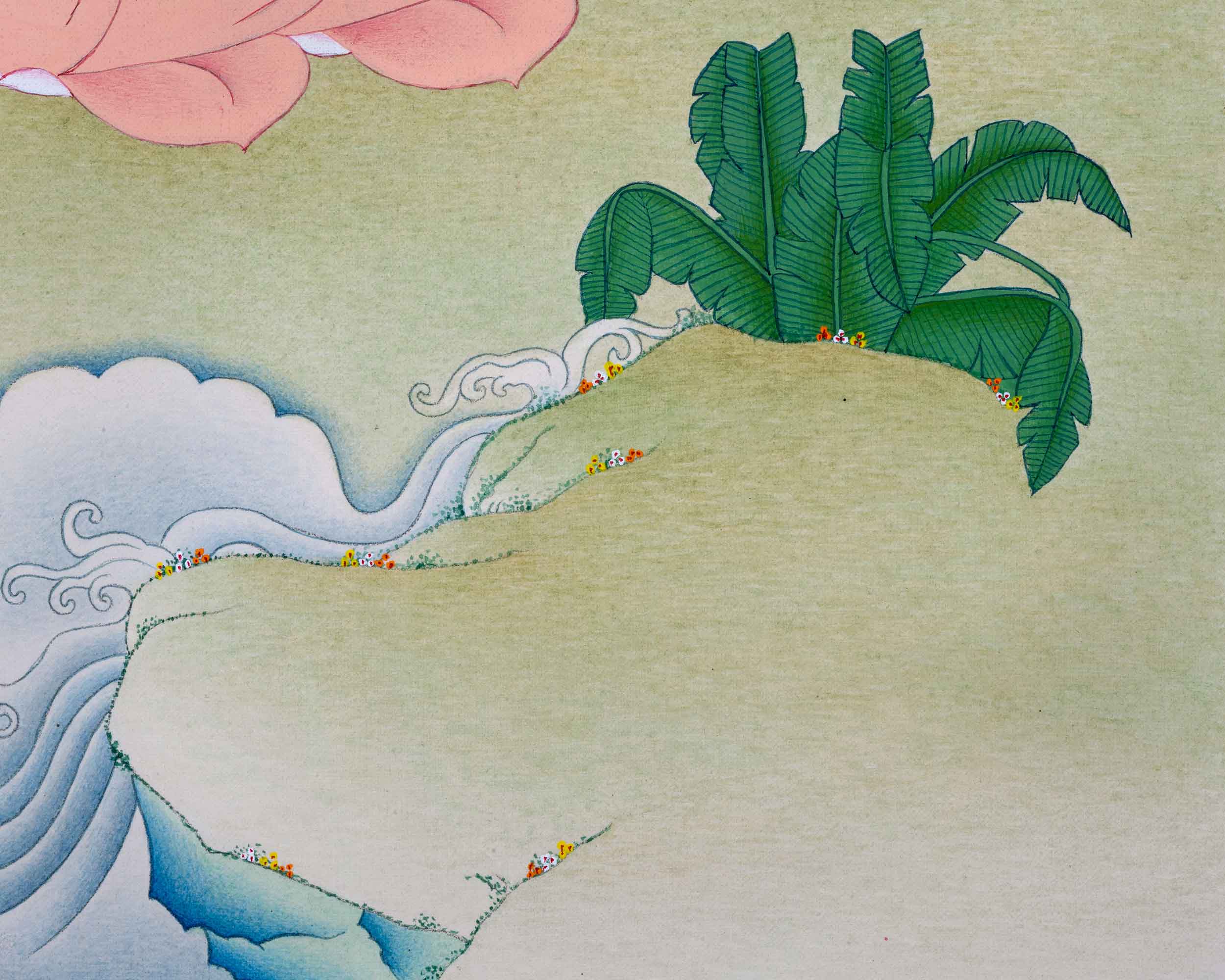 Avalokiteshvara Mantra Tibetan Thangka Using Stone Colors | Himalayan Buddhist Sacred Art Of Chenrezig