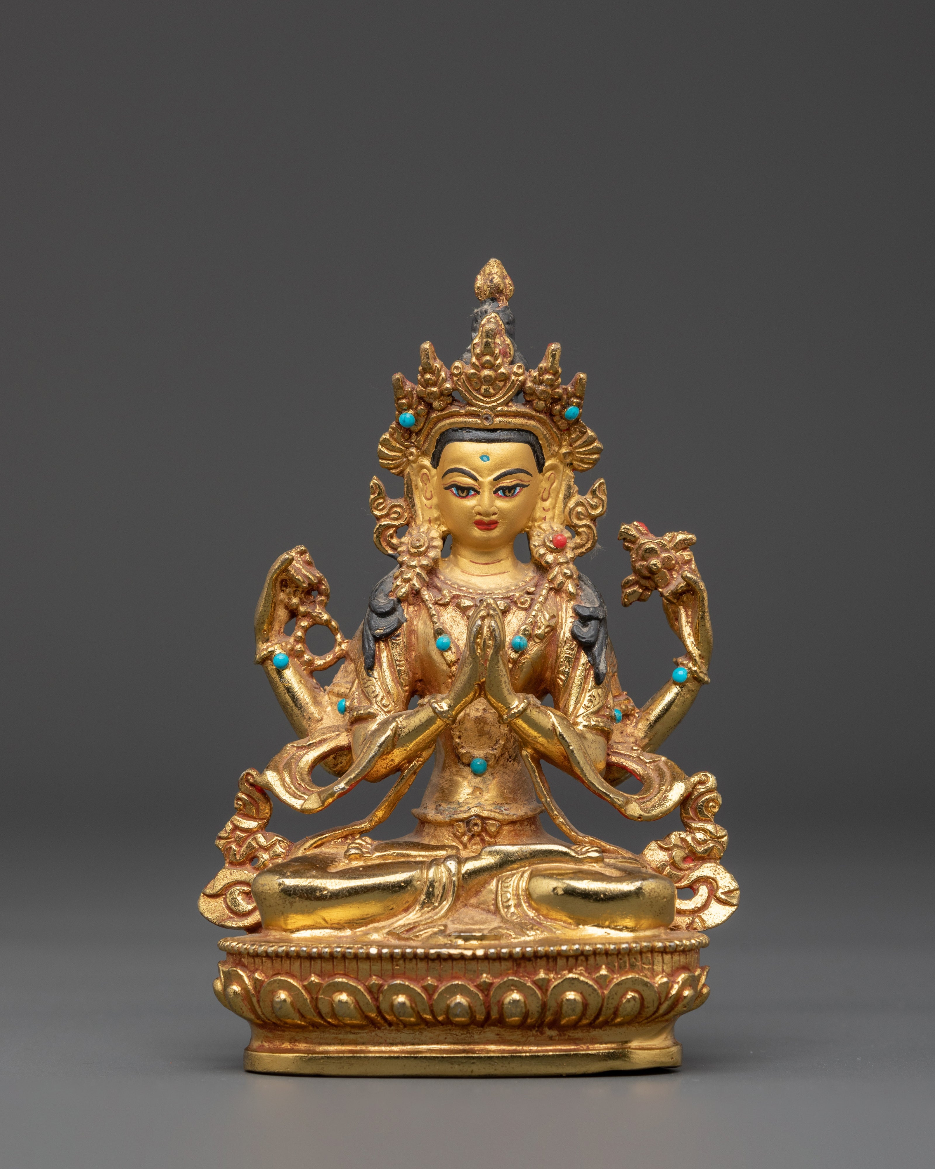 Turquoise Coral Inlaid Chenrezig Statue | Statue For Decor