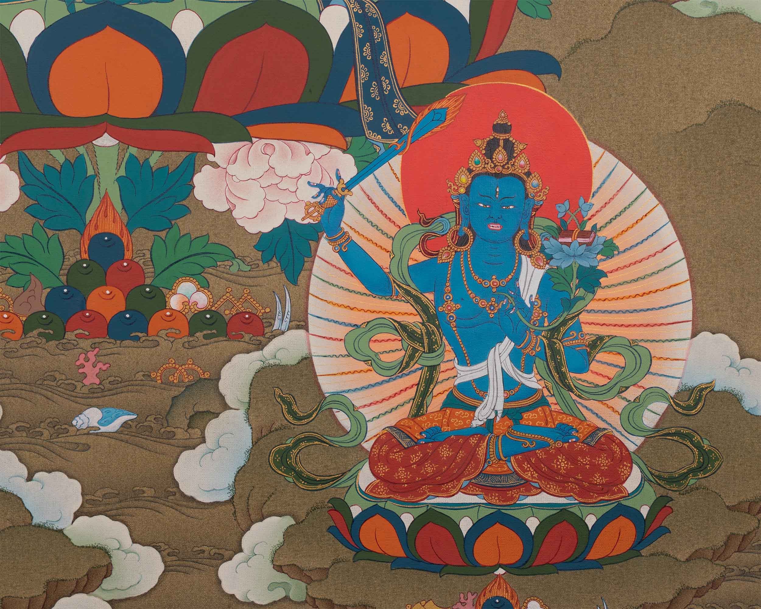 Explore The Compassion With Manjushree Thangka Print | Bodhisattva Artwork