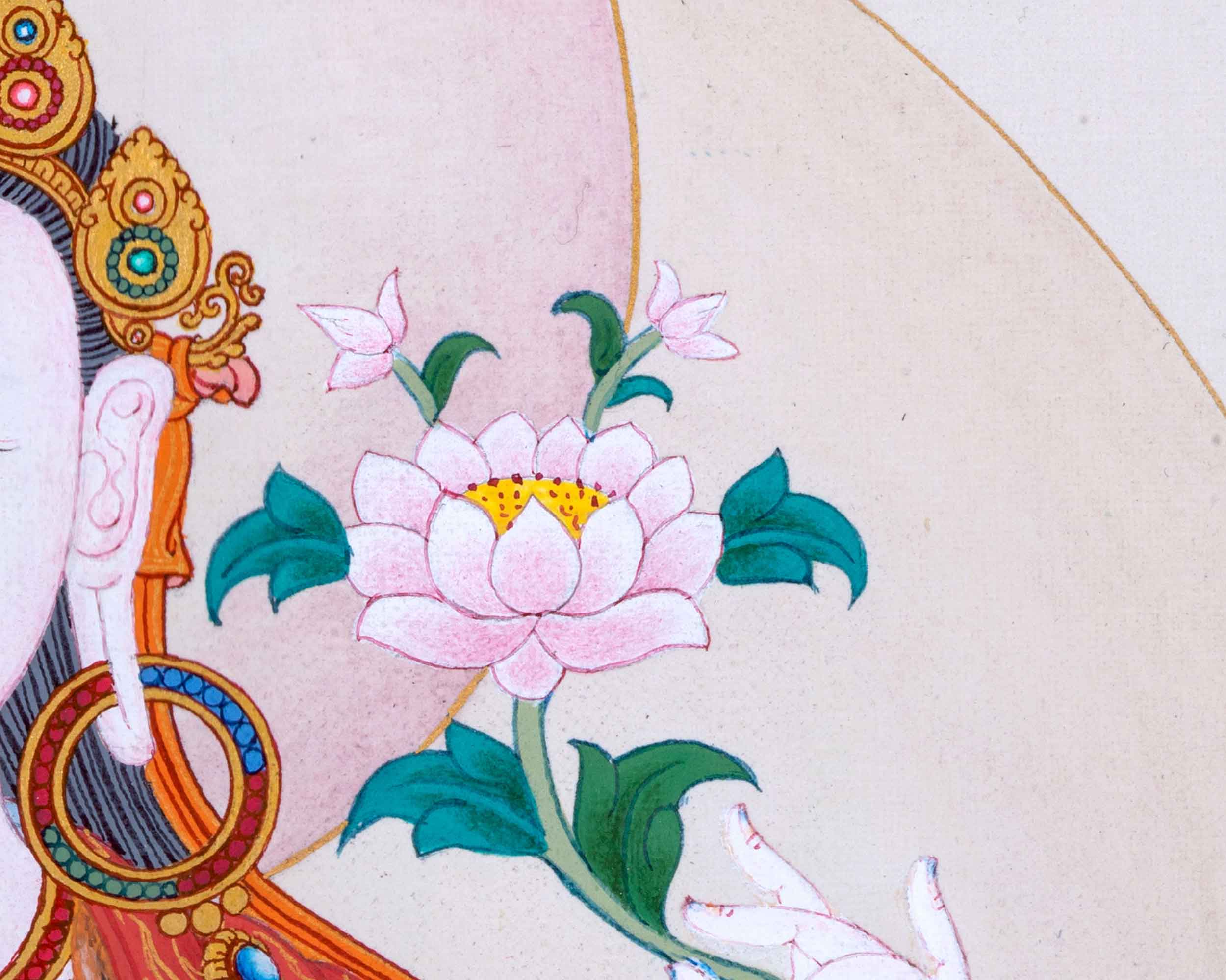 Avalokiteshvara Mantra Tibetan Thangka Using Stone Colors | Himalayan Buddhist Sacred Art Of Chenrezig