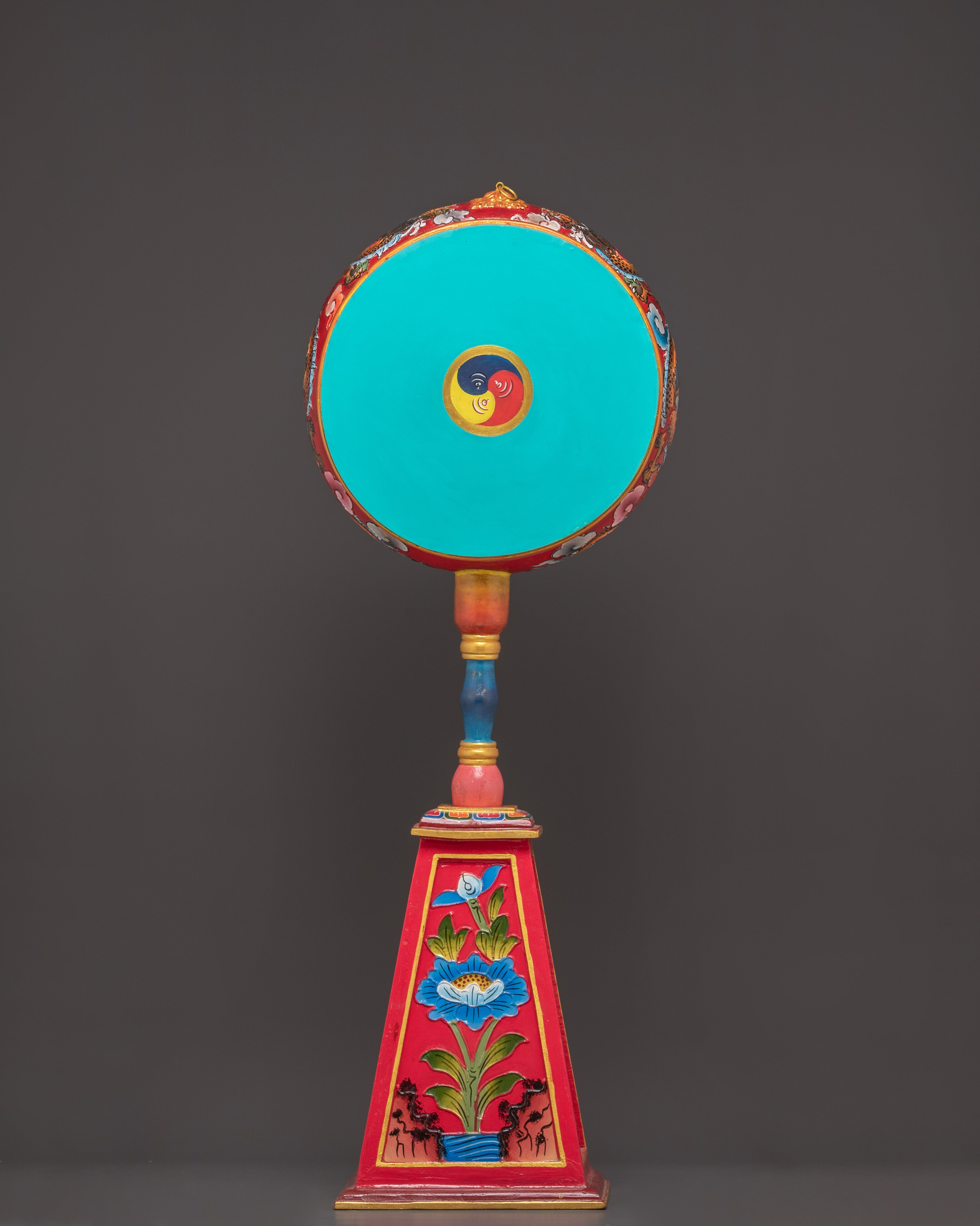 Handcrafted Tibetan Dakini Drum | Painted Ritual Chöd Drum with Stand and Stick