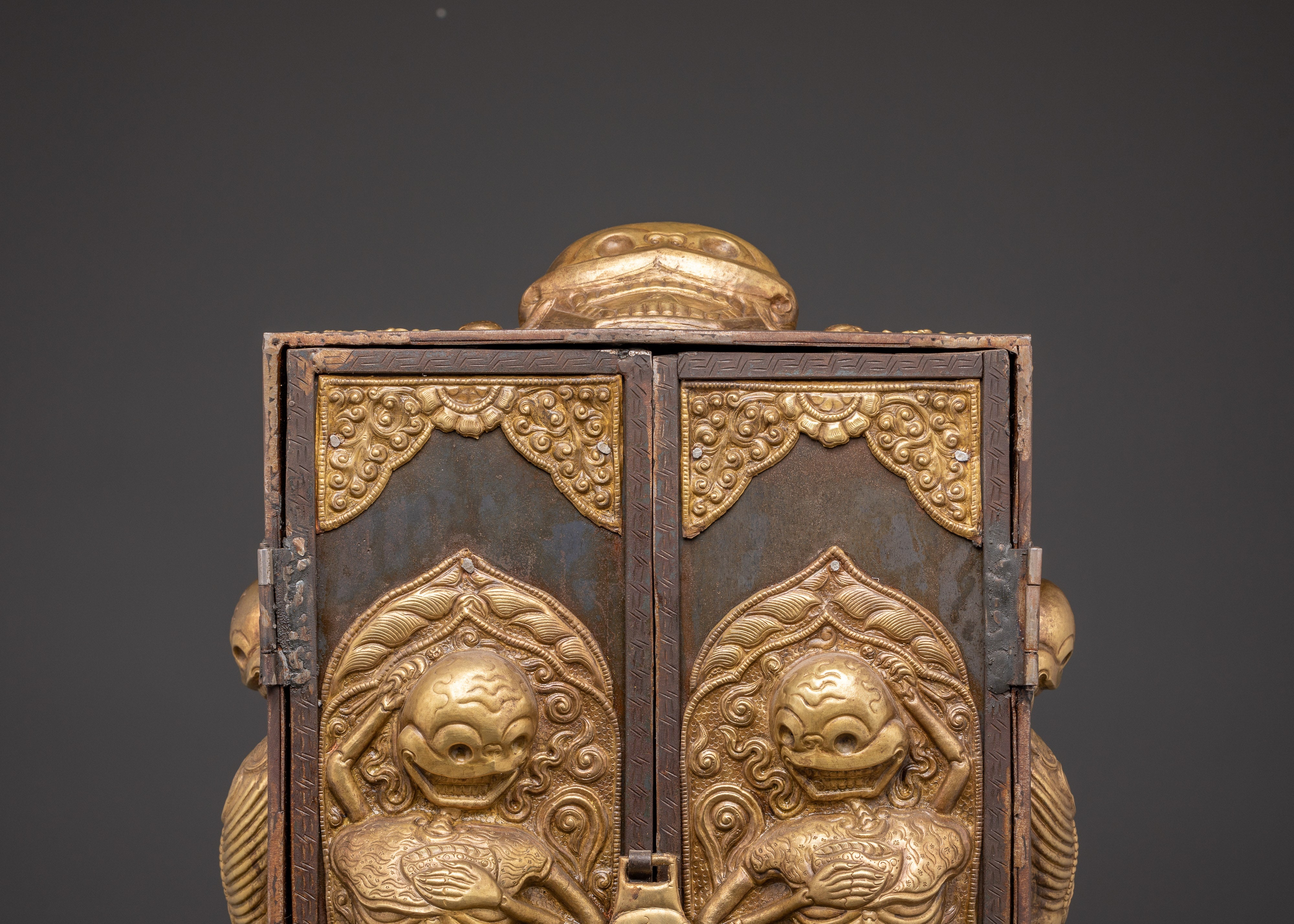 Large Chitipati Carved Ghau Box | Iron and Brass Tibetan Shrine Box