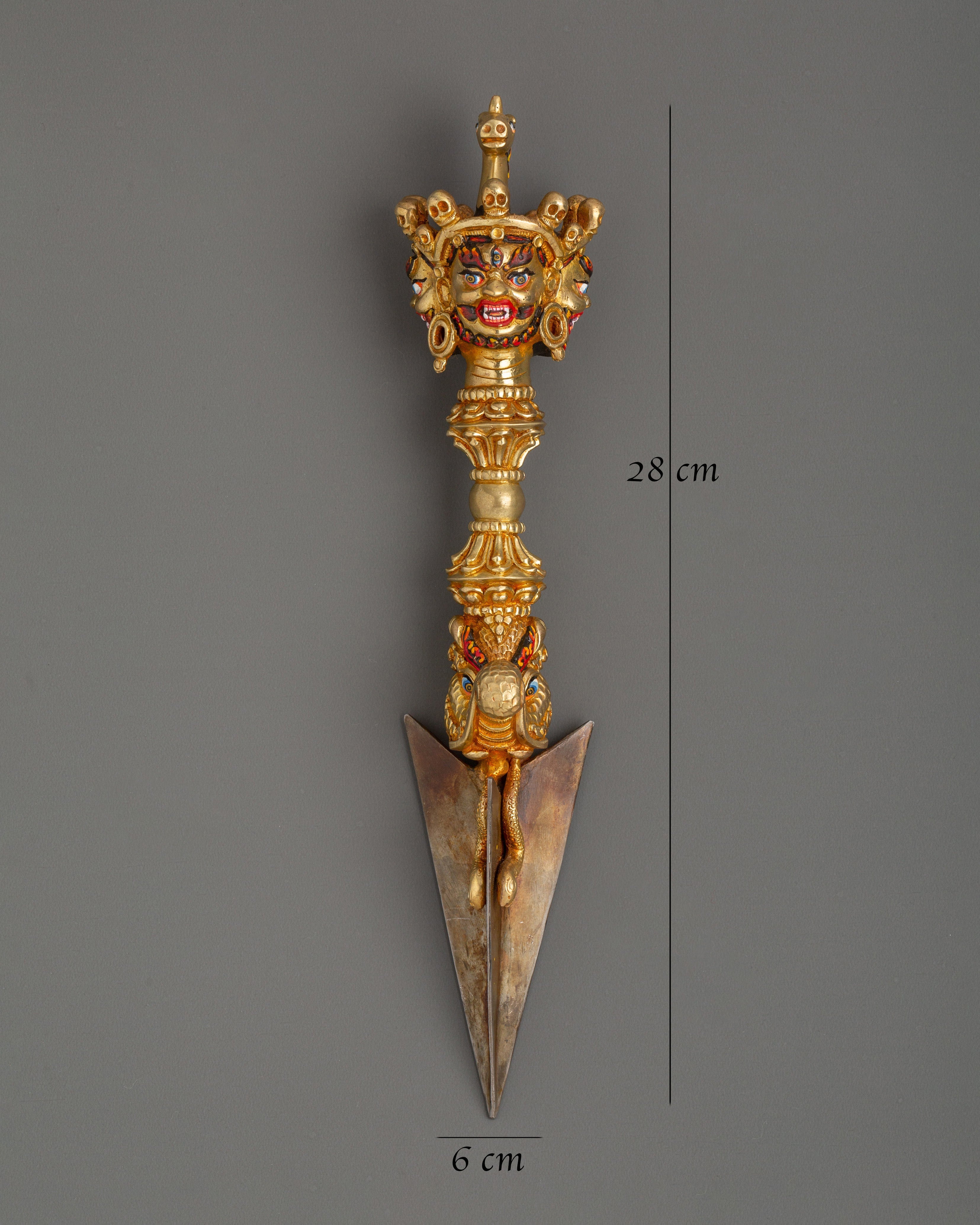 Large Gold Plated Phurba Dagger | Tibetan Ritual Dagger in Copper