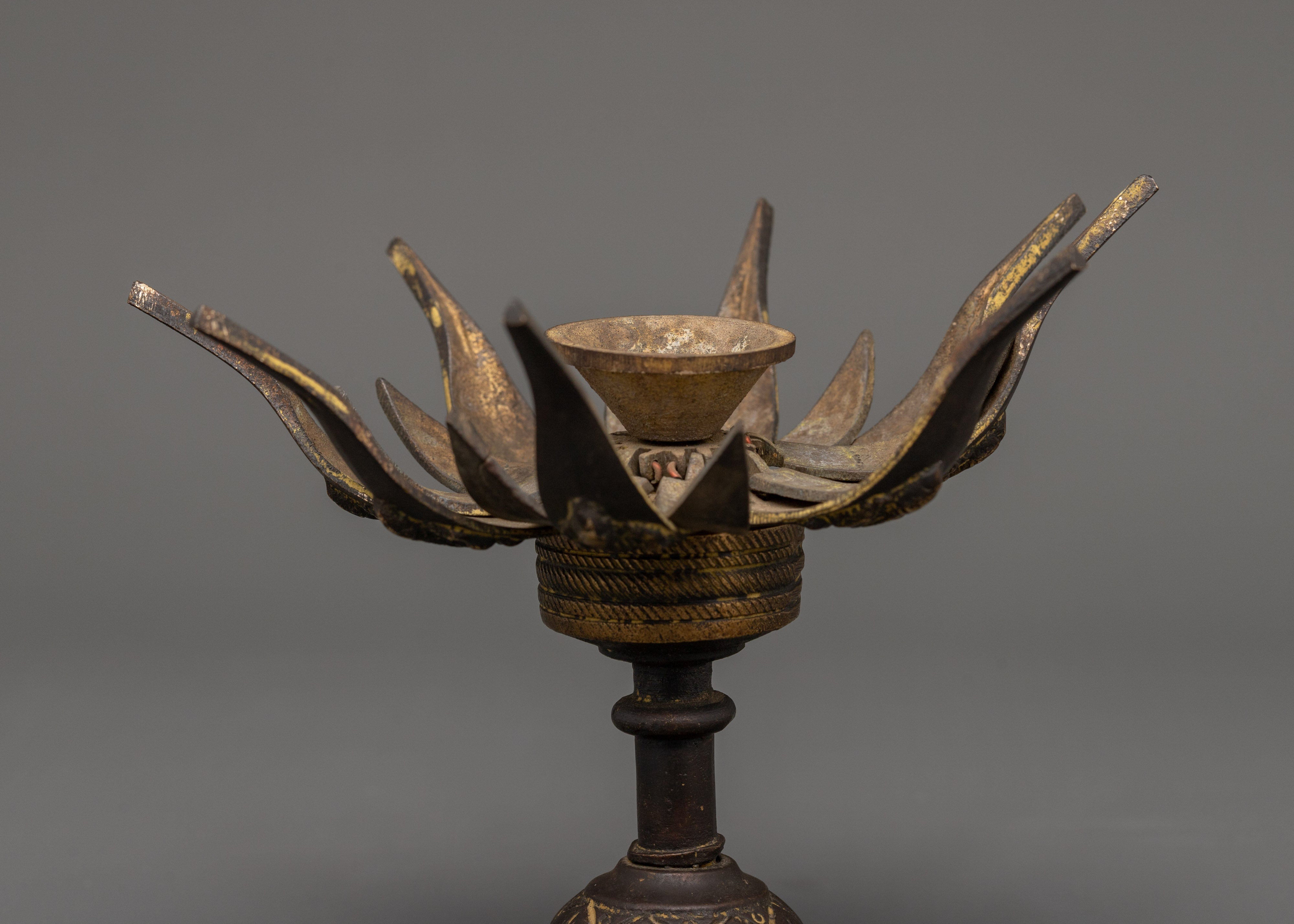Sacred Tibetan Lotus Lamp for Altar and Ritual Use | Antique Brass Decor
