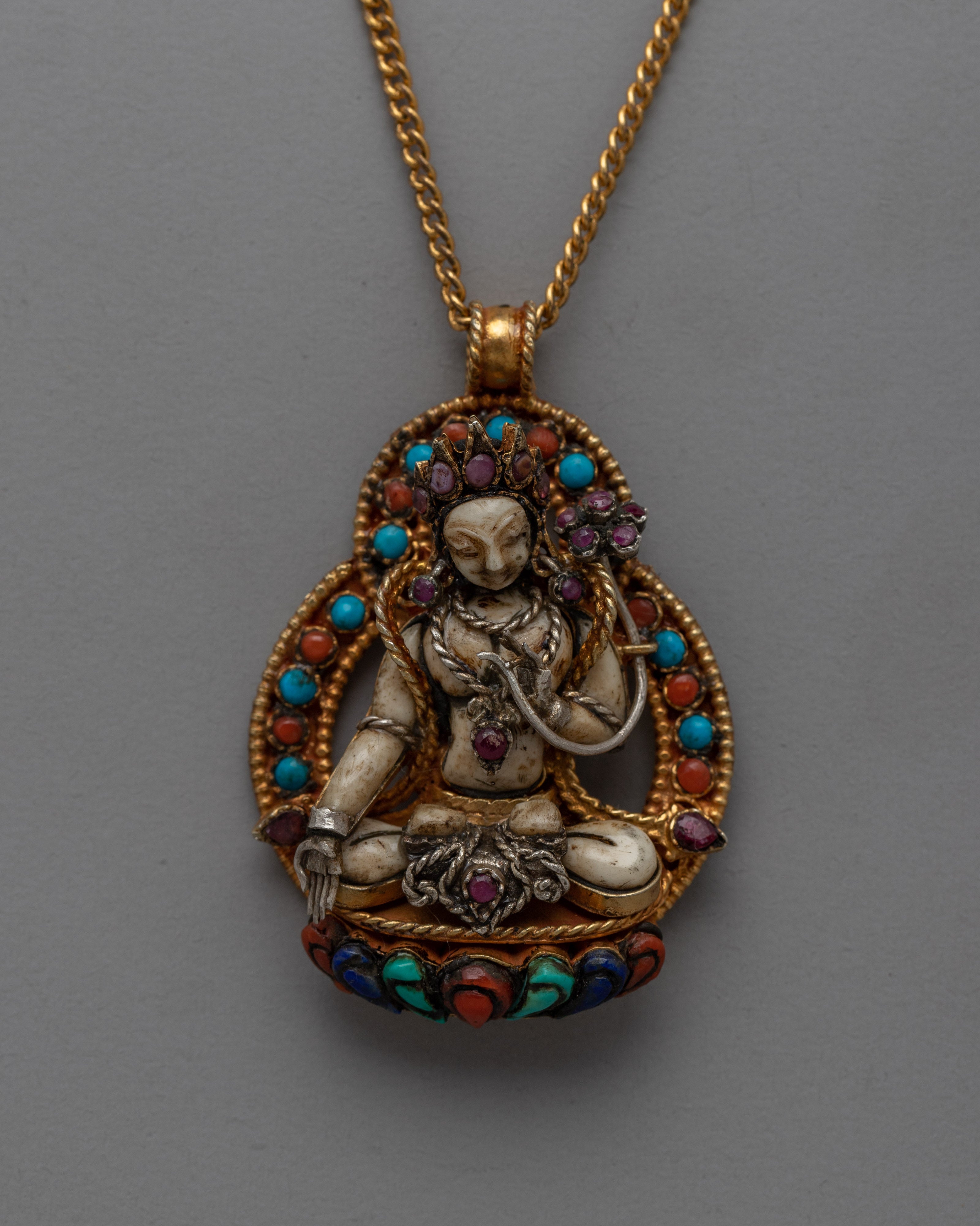 Sacred White Tara Amulet with Gold Base & Original Stones