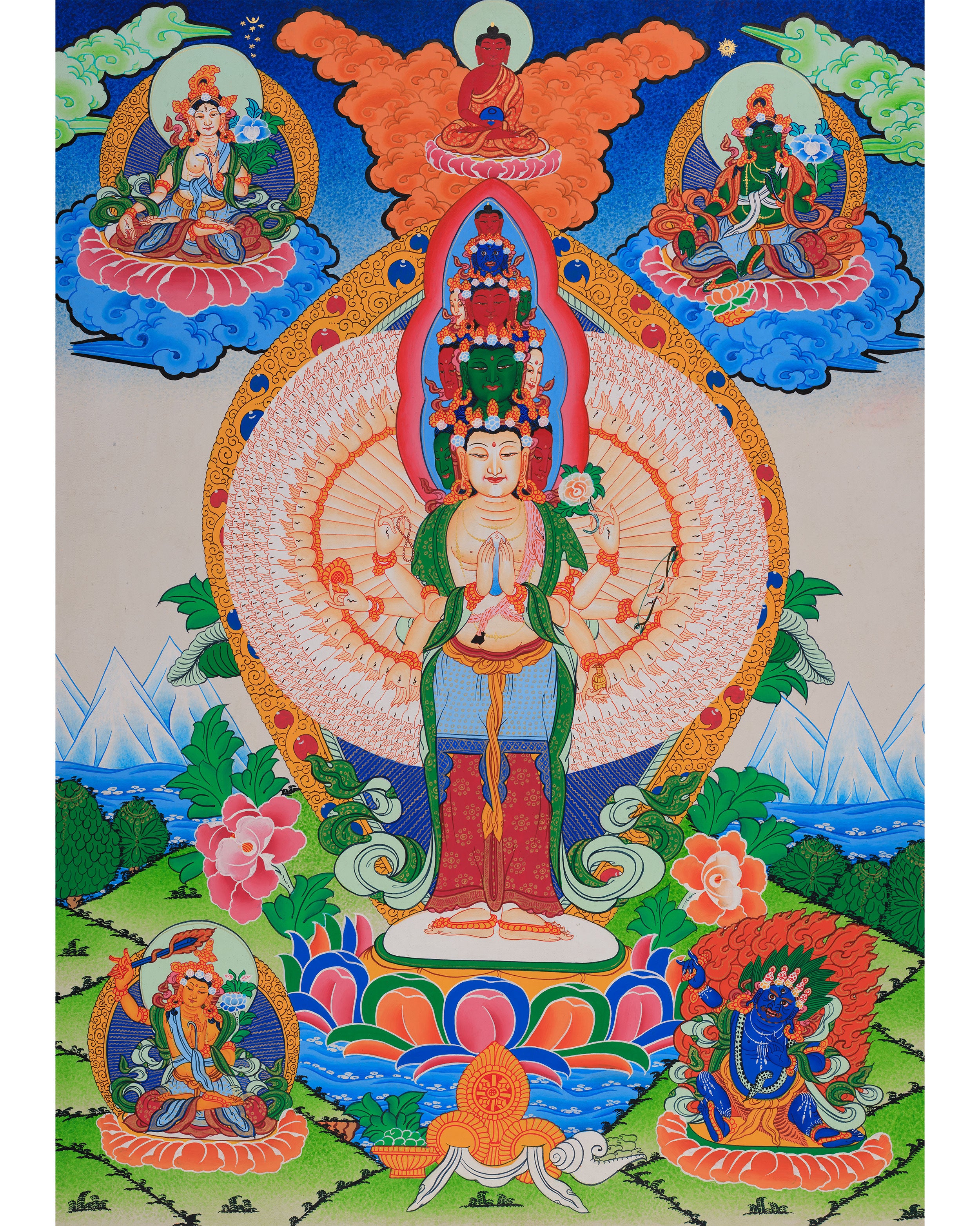1000-Armed Avalokiteshvara Flanked Tara, Amitabha Buddha, Manjushri, and Vajrapani
