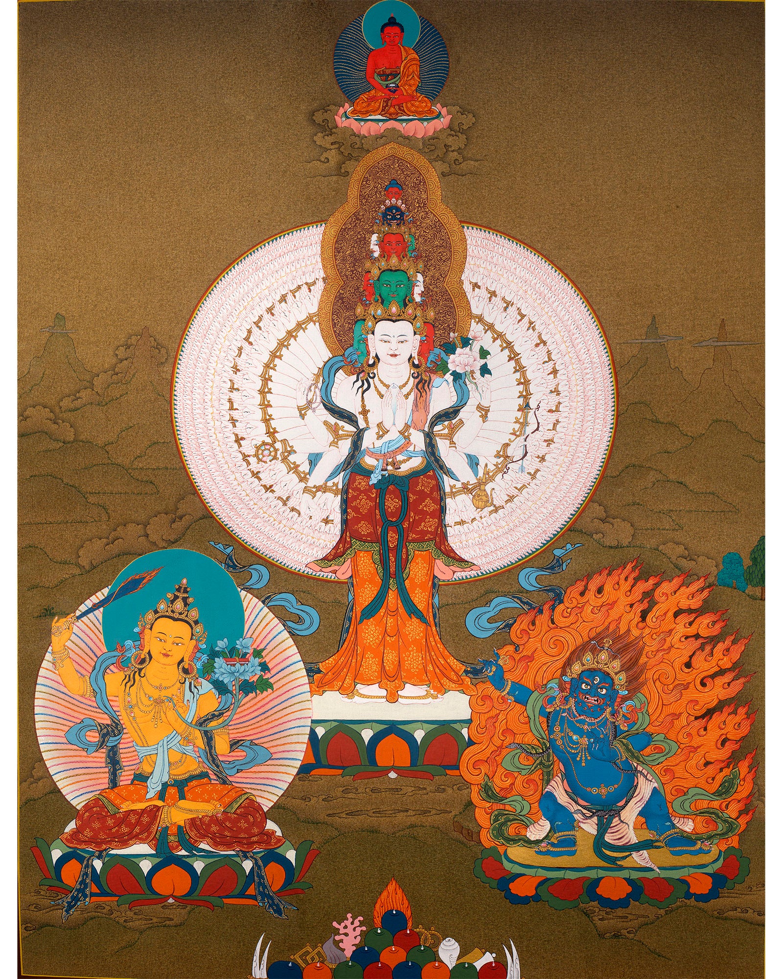 Avalokiteshvara, Manjushri & Vajrapani Thangka (includes Brocade) , 1000 Armed Chenrezig, Tibetan Buddhist Art