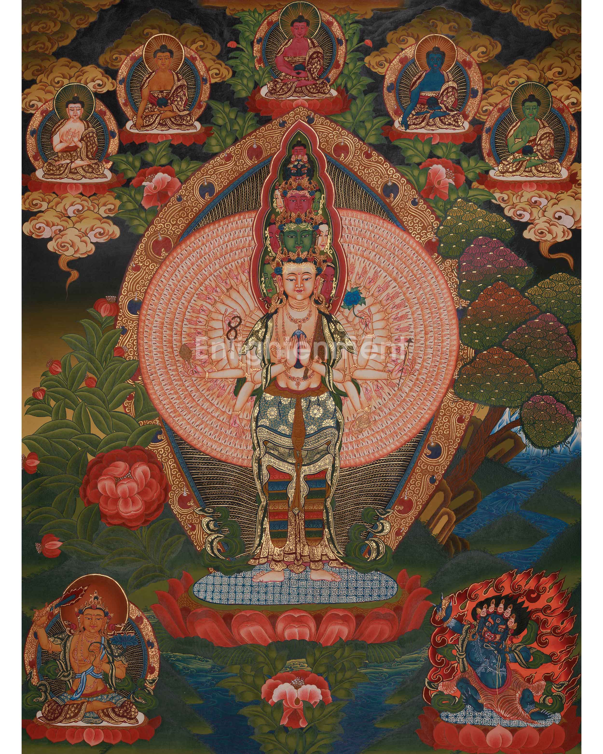 1000 Armed Chenrezig with Five Dhyani Buddha Thangka