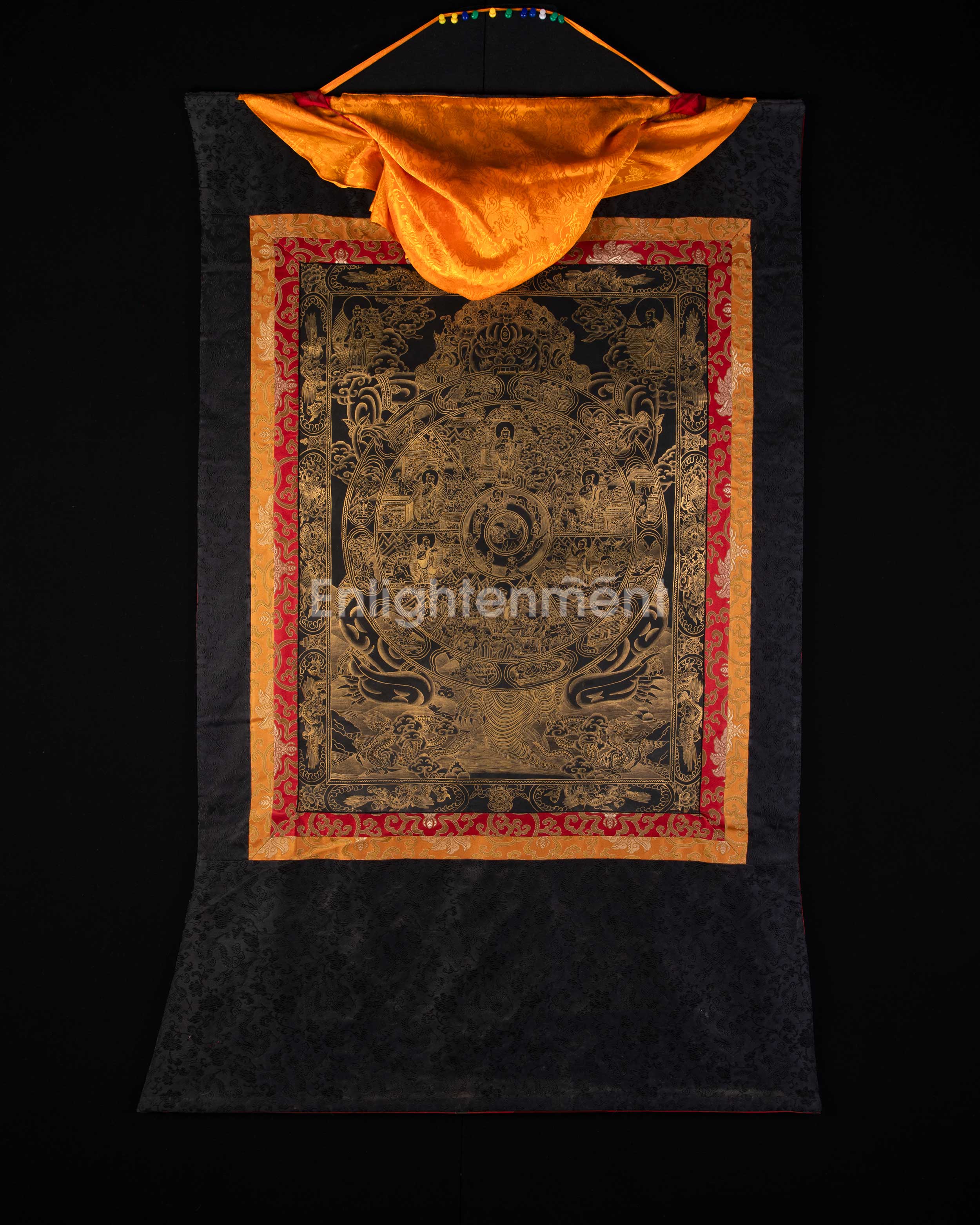 Wheel of Life (Bhavacakra) | Gold Embellished Thangka on Canvas | Brocade Mounted