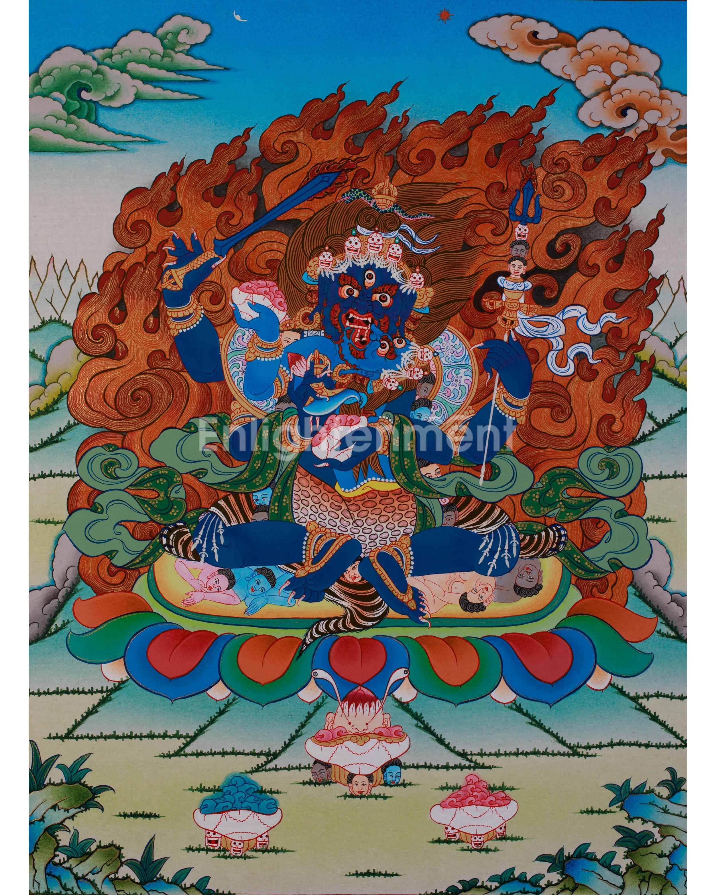 Four Armed Mahakala Thangka With Consort | Wrathful Dharmapala Wall Art