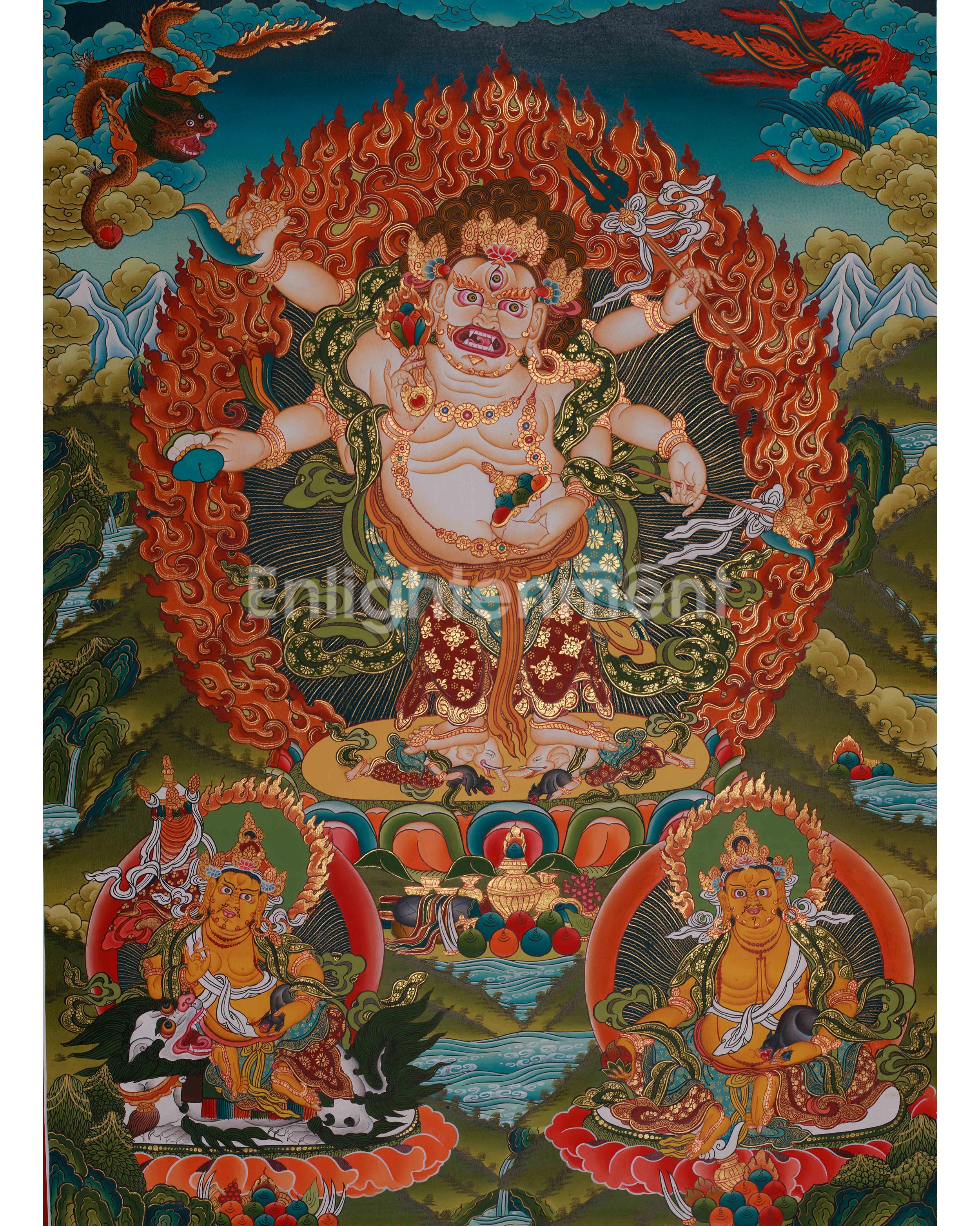 Hand-Painted White Mahakala Thangka | Wrathful Guardian of Wealth and Protection