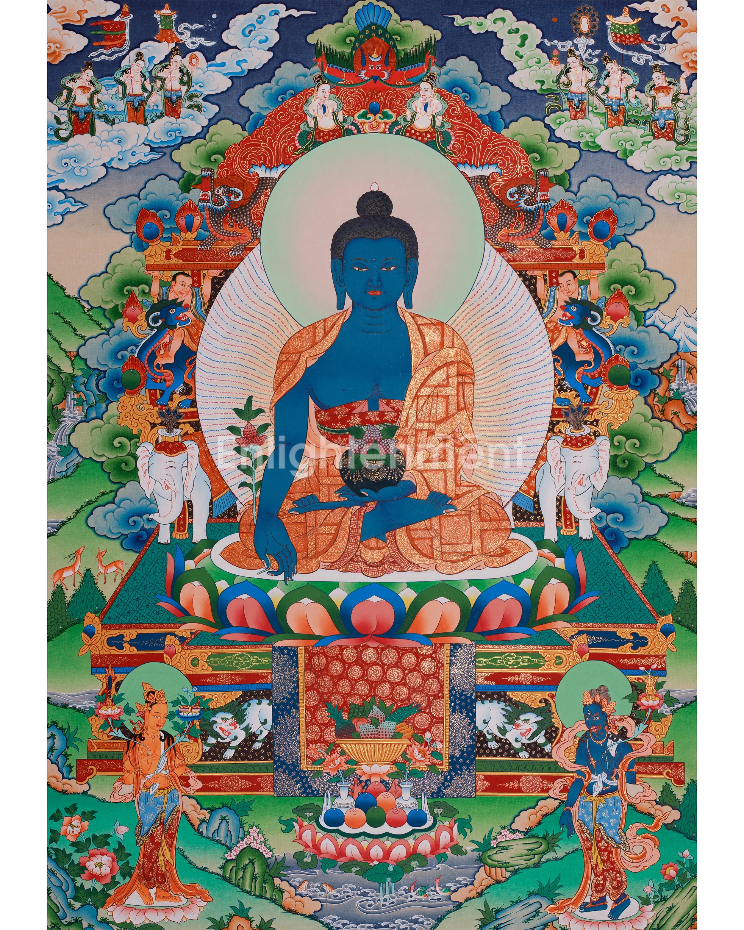 Lapis Lazuli Bhaisajyaguru Thangka | Medicine Buddha and Compassionate Guardians