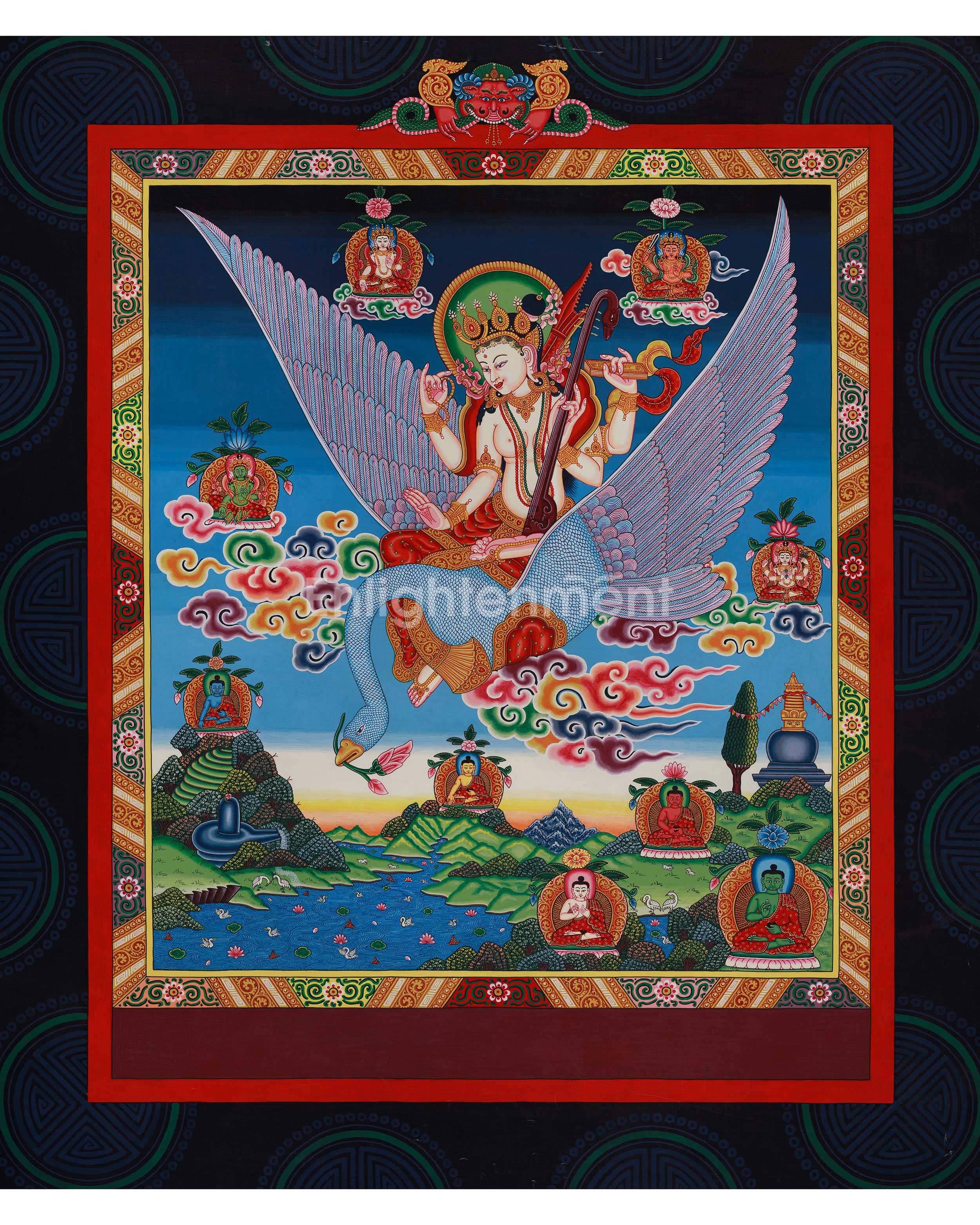 Goddess Saraswati Thangka | Sacred Art for Knowledge and Meditation