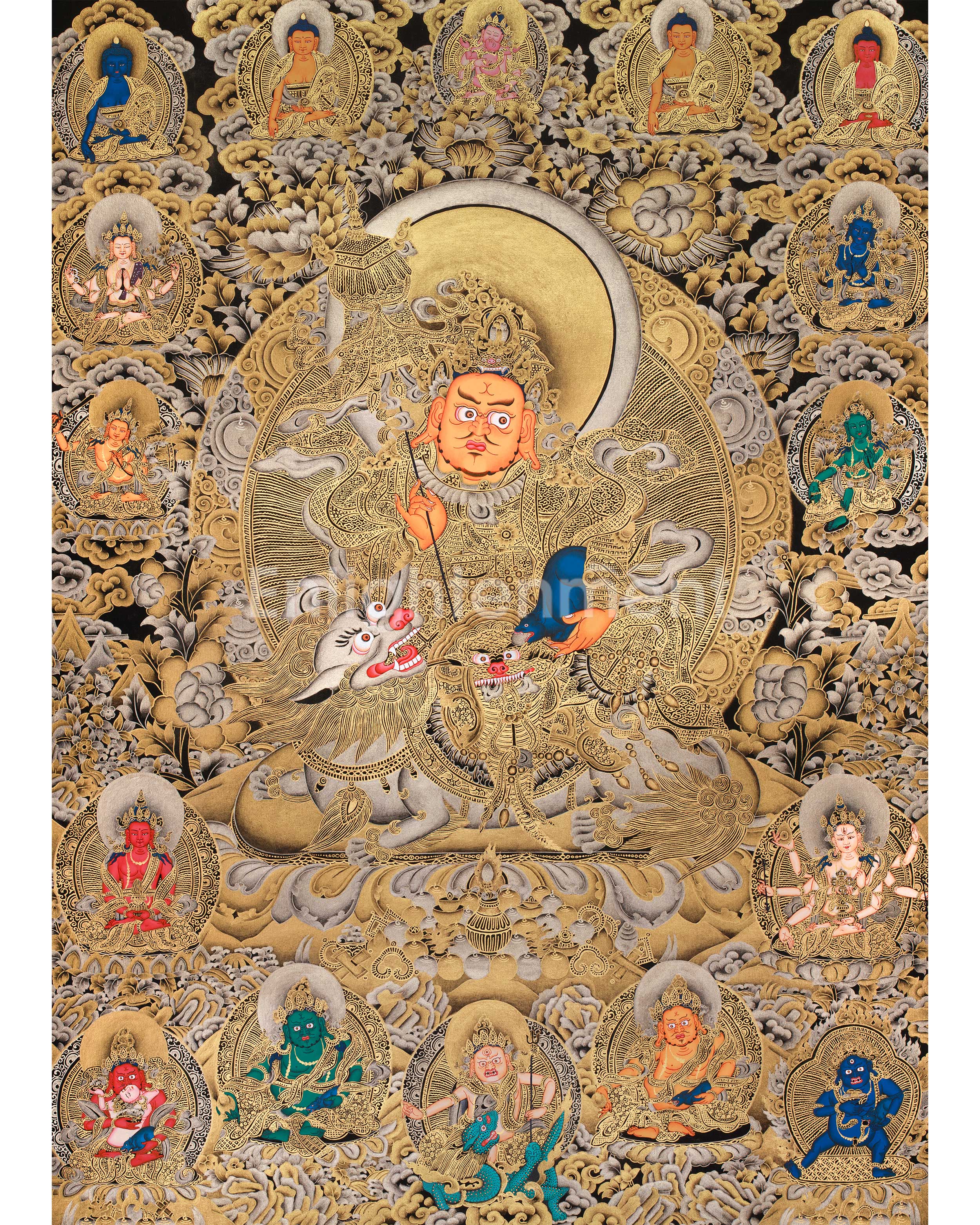 Exquisite Vaishravana, Guardian of the North Thangka | 24K Gold Embellished Art on Black Canvas