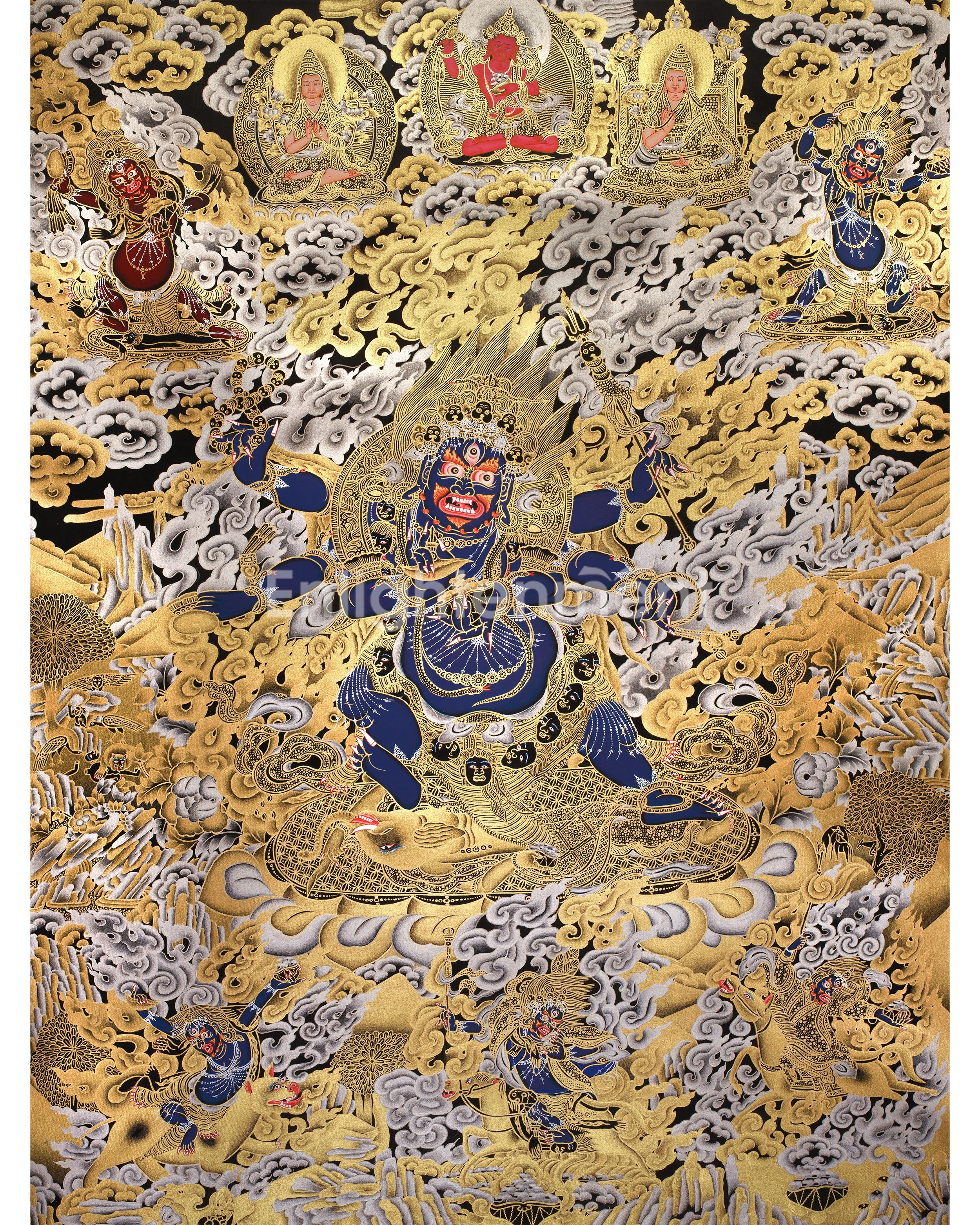 Wrathful Mahakala with Dharma Protectors | Divine Guardian Thangka | Gold and Silver on Black Canvas