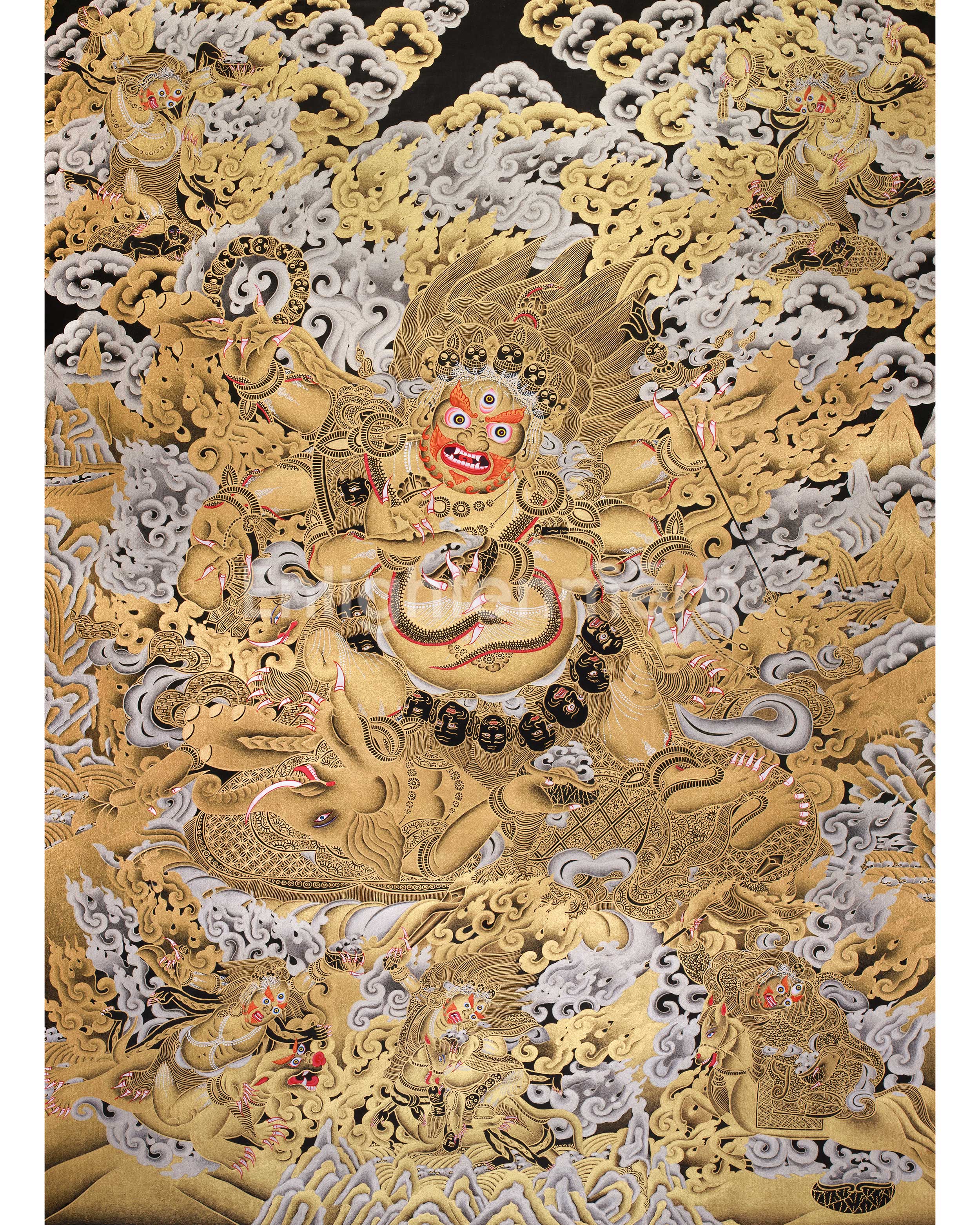 Majestic Gold & Silver Wrathful Six-Armed Mahakala Thangka | Protector of Dharma