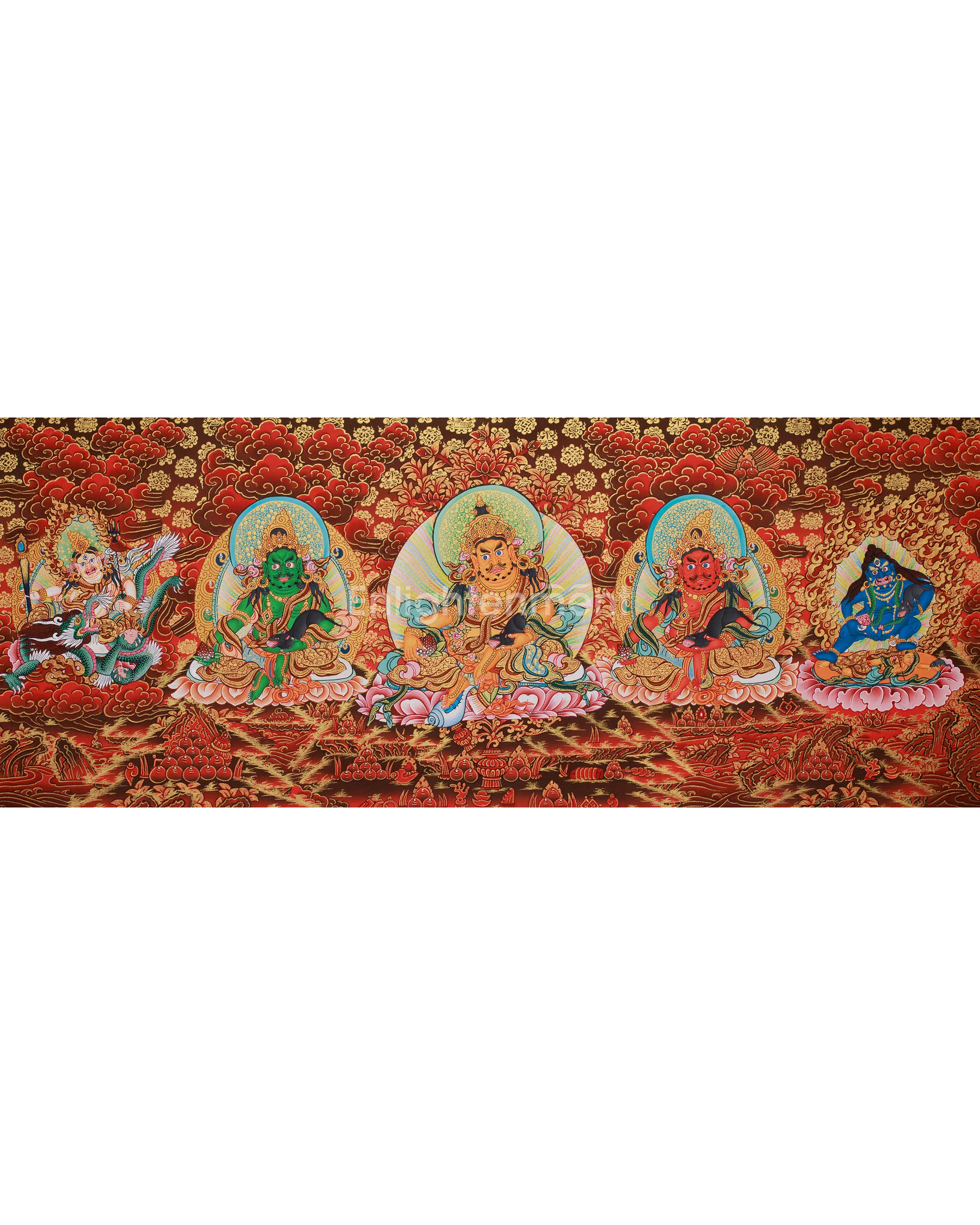 Buddhist Wealth Deities Manifestation | Gold Thangka of the Five Dzambhalas
