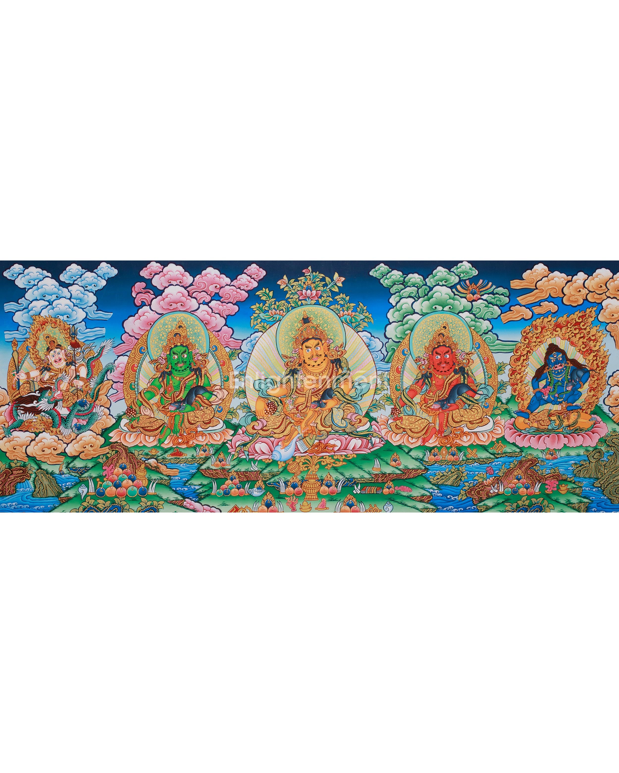 Tibetan Five Jambhalas Thangka | Buddhist Guardians of Wealth & Abundance