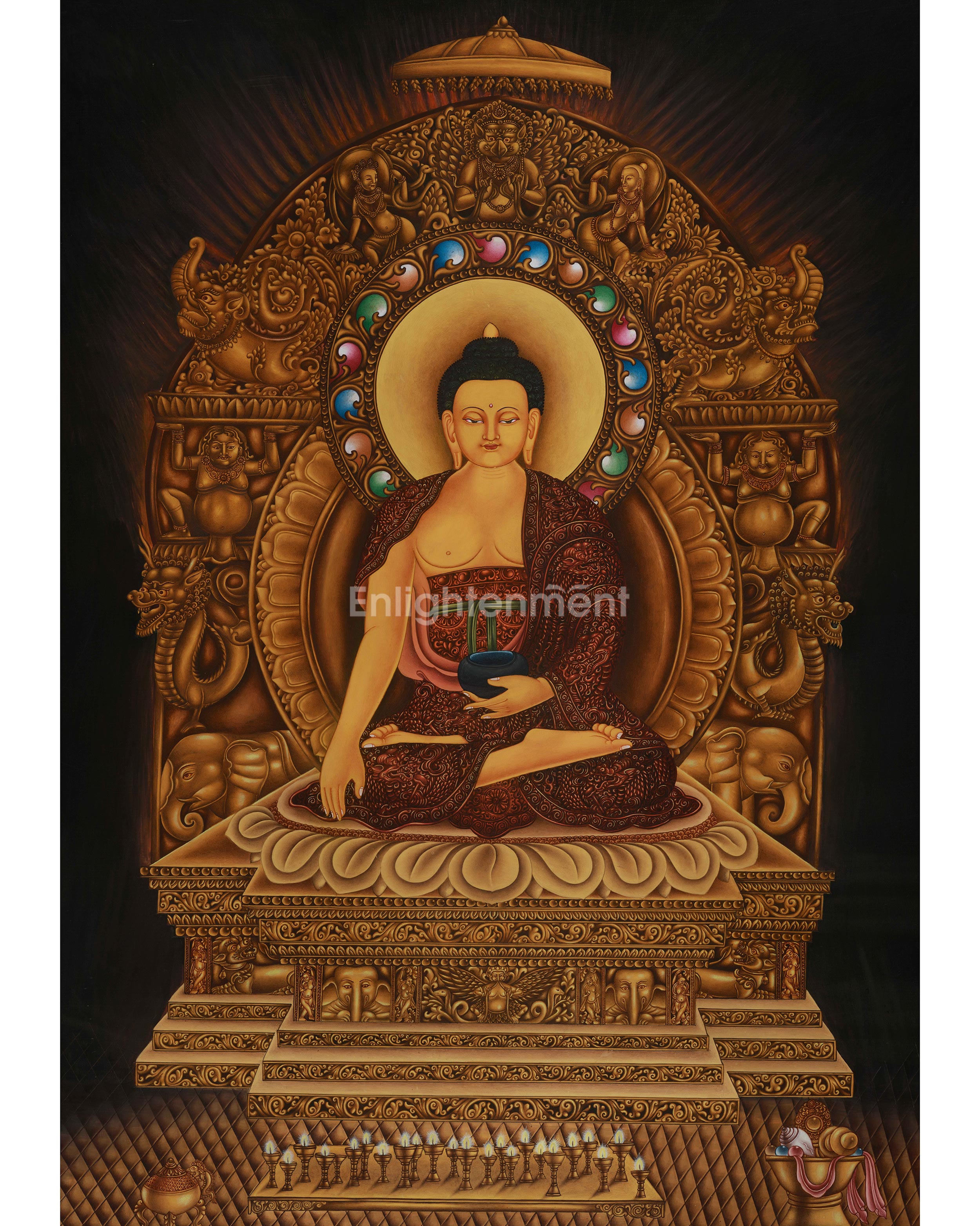 Peaceful Shakyamuni Buddha Thangka | Seated on His Majestic Throne