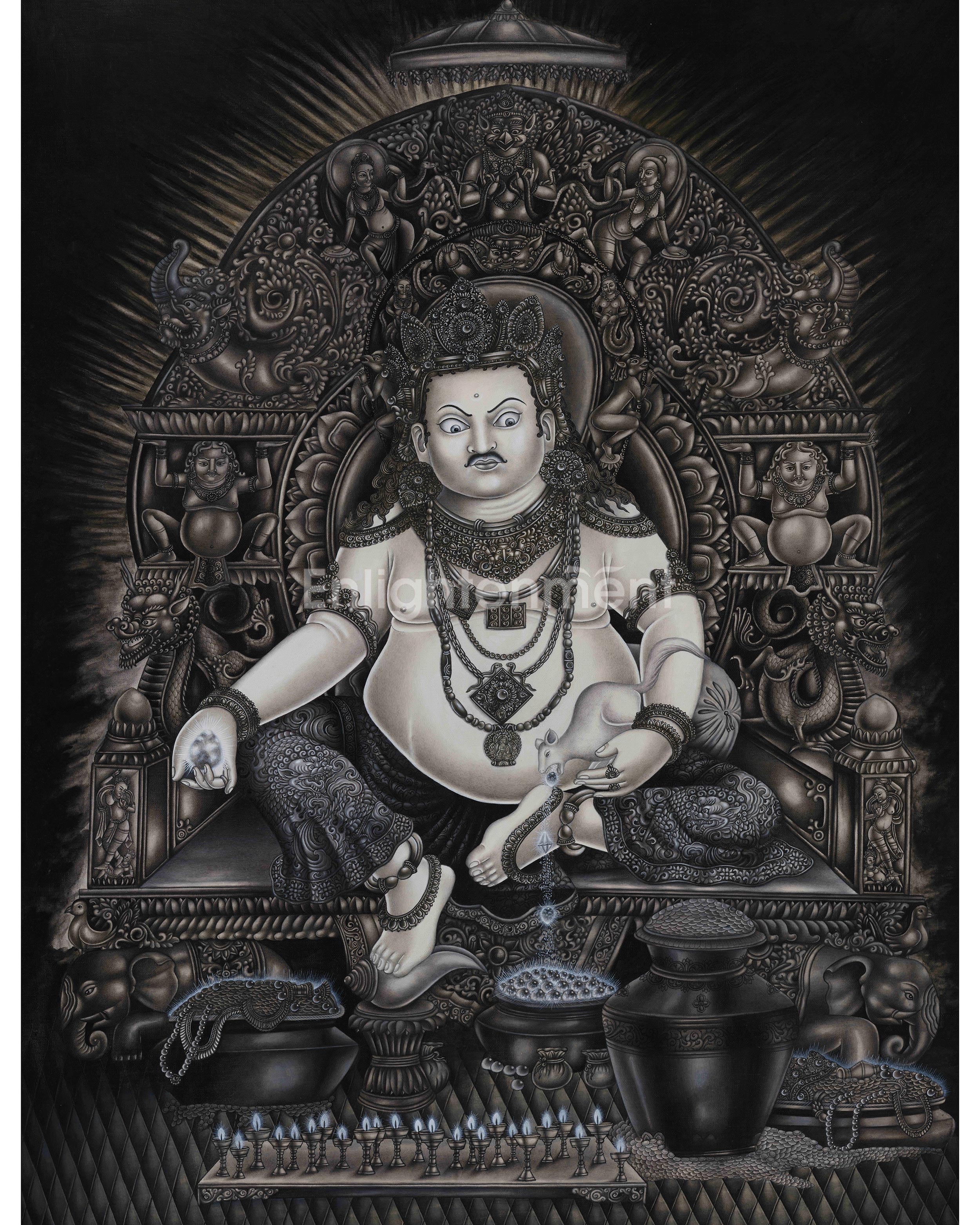 Majestic Kubera, God of Wealth | A Modern Charcoal Thangka Depiction