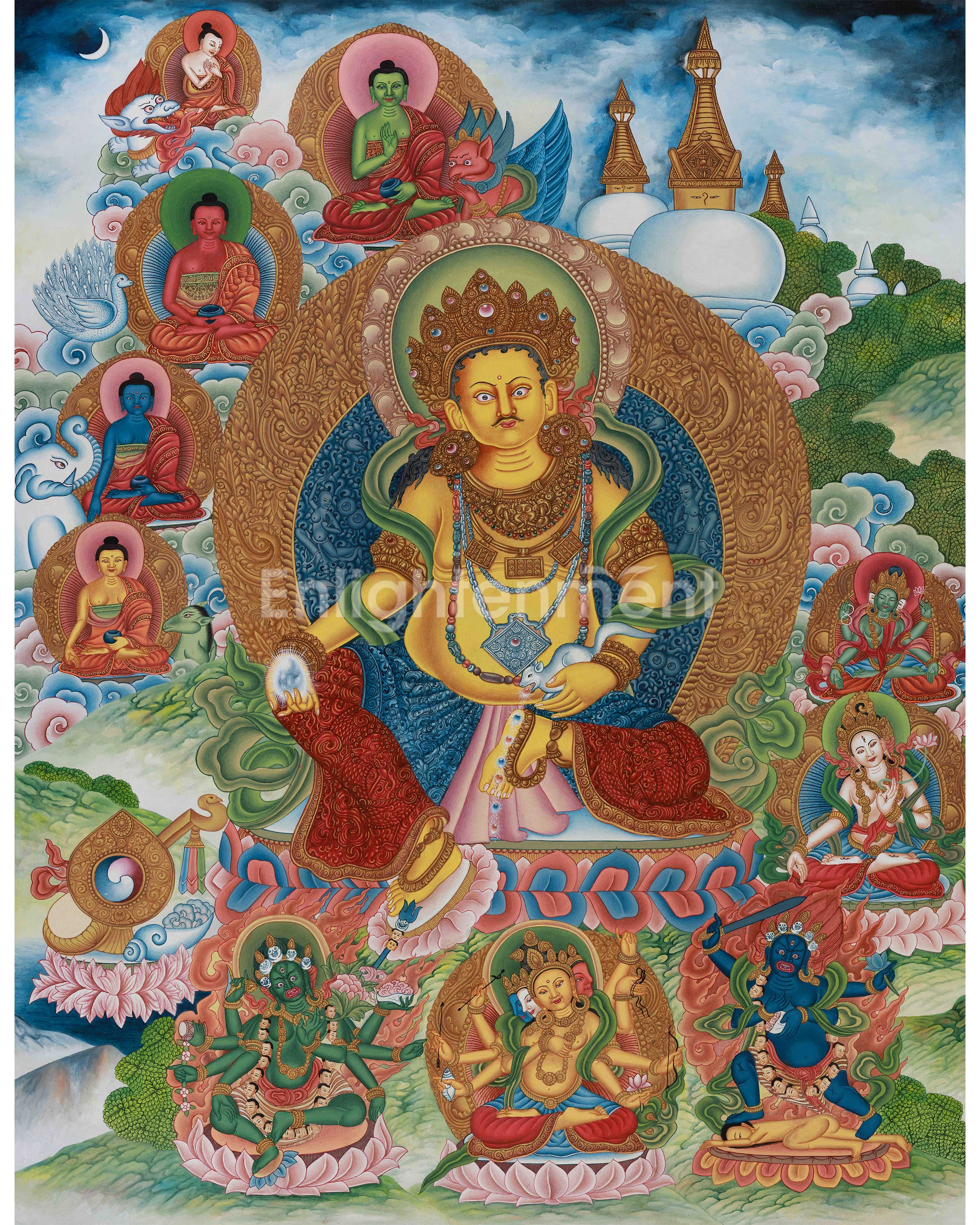 Yellow Dzambhala, The Wealth Deity Thangka | Prosperity Thangka With Five Dhyani Buddhas