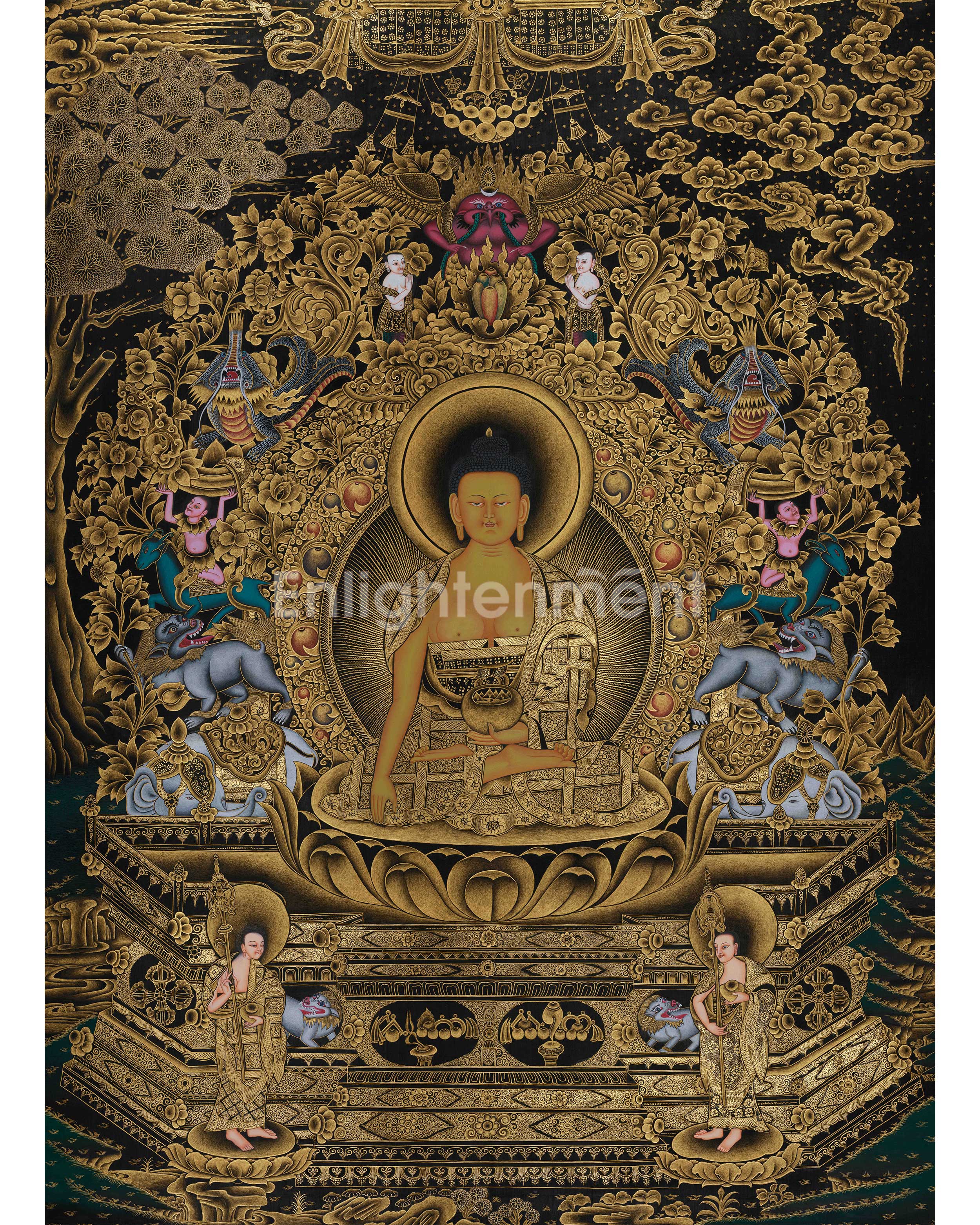 Enthroned Shakyamuni Buddha Gold Thangka | The Awakened One | The Supreme Teacher