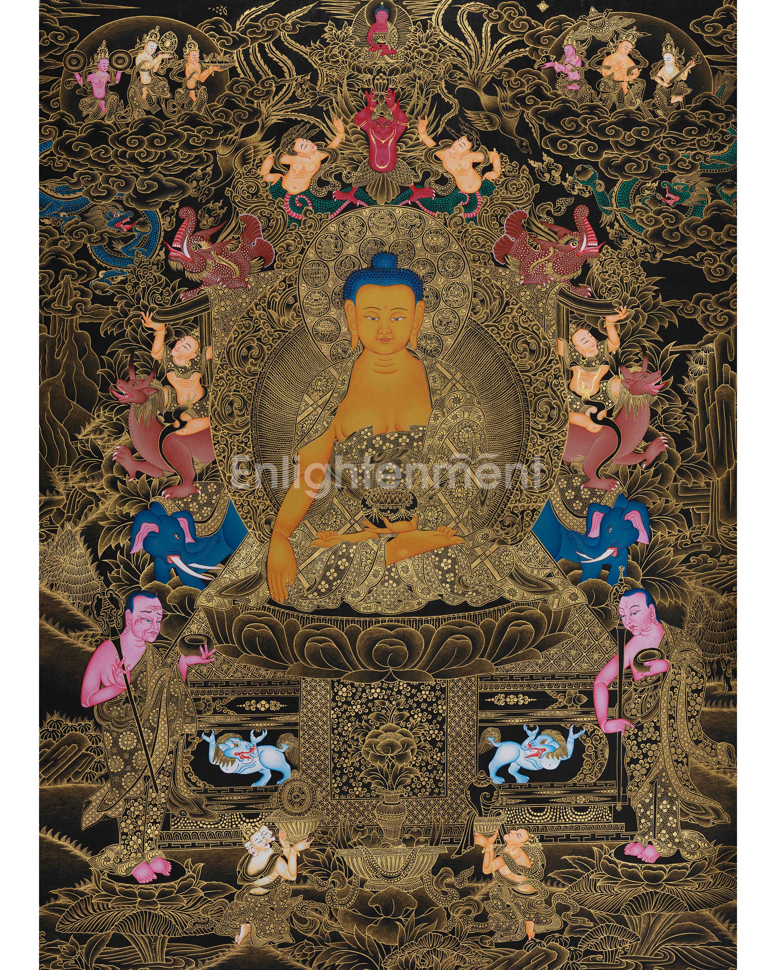 Imperial Presence Enlightened Teacher Shakyamuni Buddha | Opulent Gold Thangka of Buddha on Throne