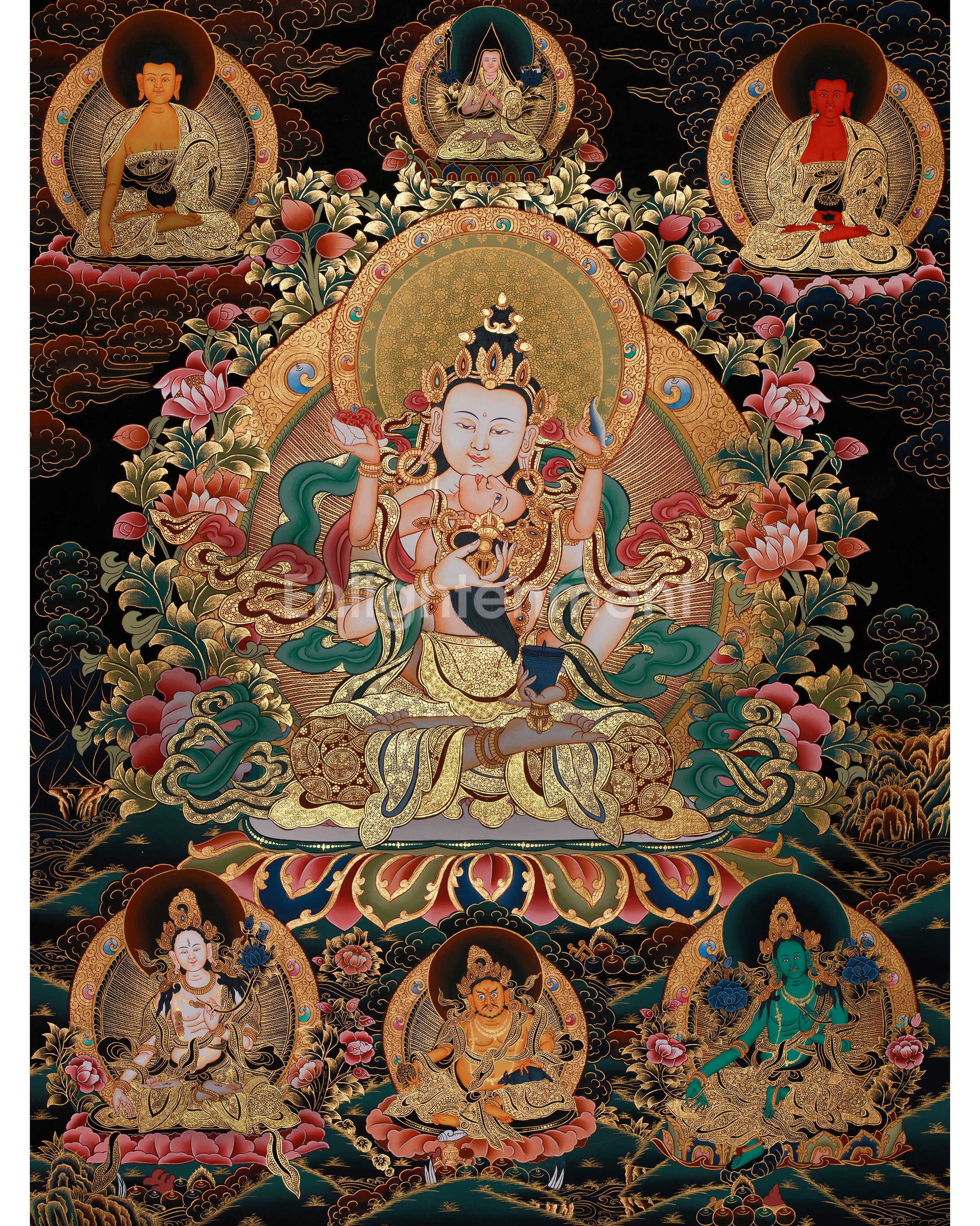 Unique Tibetan Vajrasattva and Consort Thangka | Spiritual Masterpiece with Gold Accents