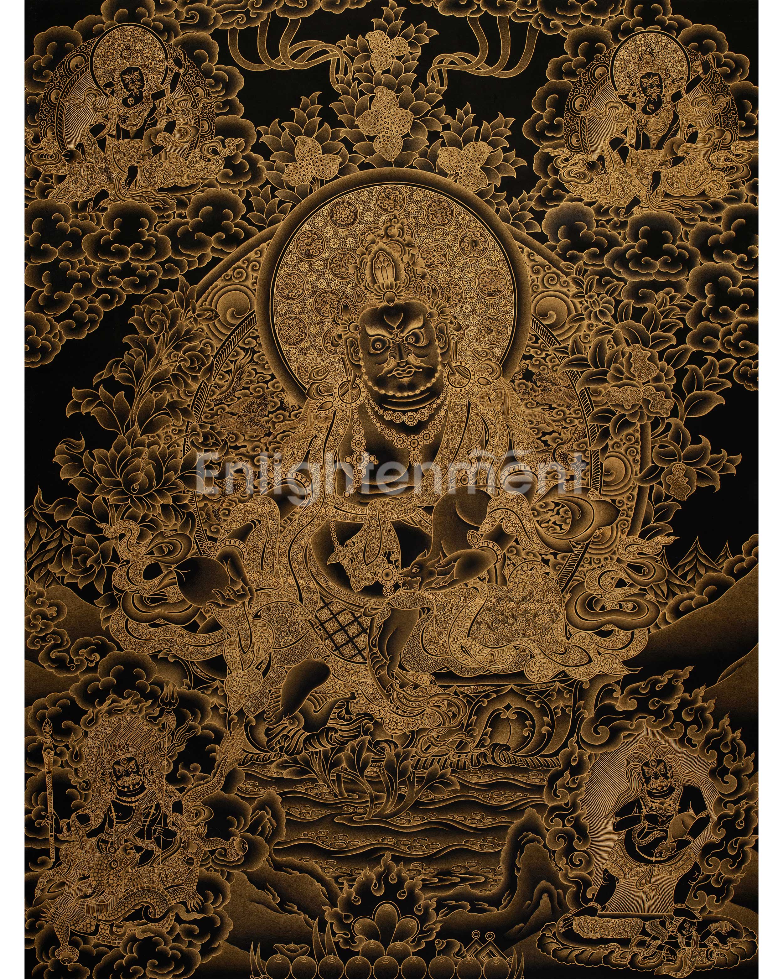 Gold on Black Five Dzambhalas Thangka | Hand-Painted Tibetan Wealth Deities