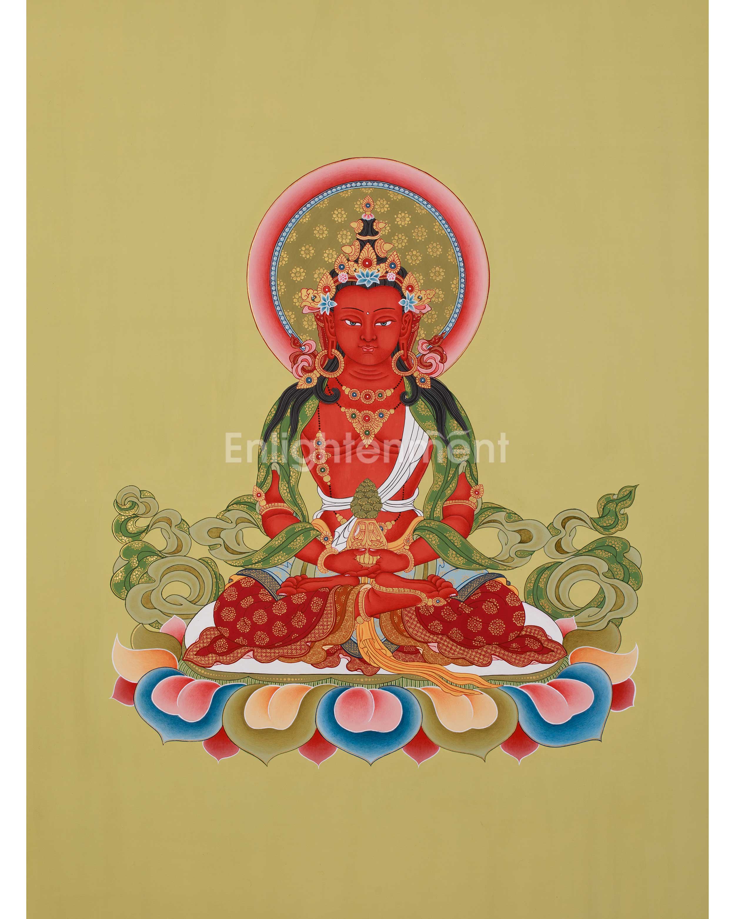 24-Inch Amitayus Buddha Thangka | Hand-Painted Red Buddha on Cotton Canvas