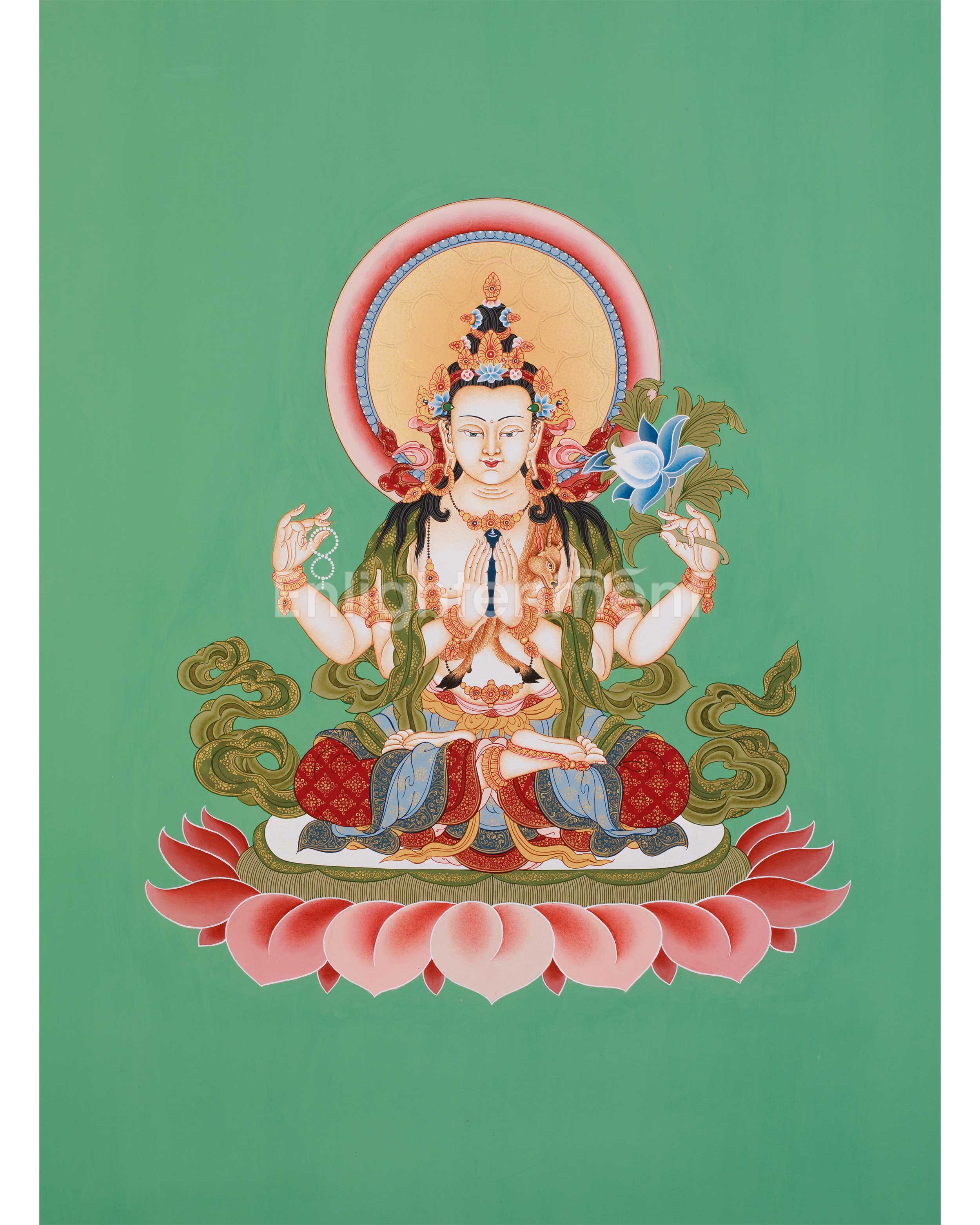 Hand-Painted Four-Armed Chenrezig | Bodhisattva of Compassion on Green Canvas
