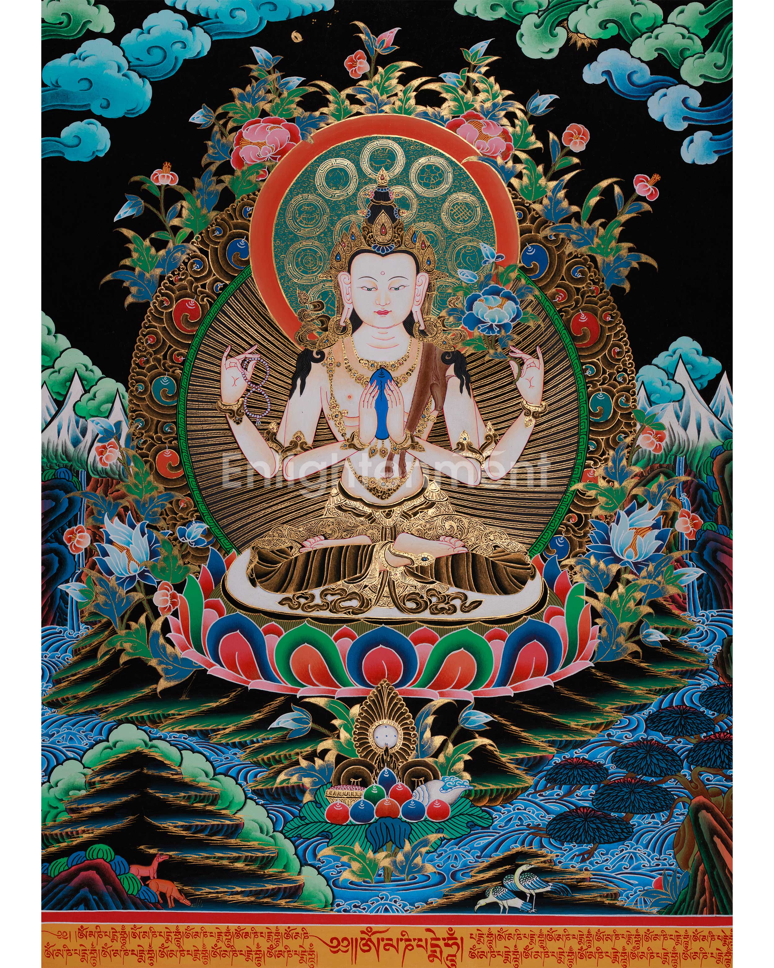 Four Armed Chenrezig Artwork |  Tibetan Thangka of the Bodhisattva of Compassion