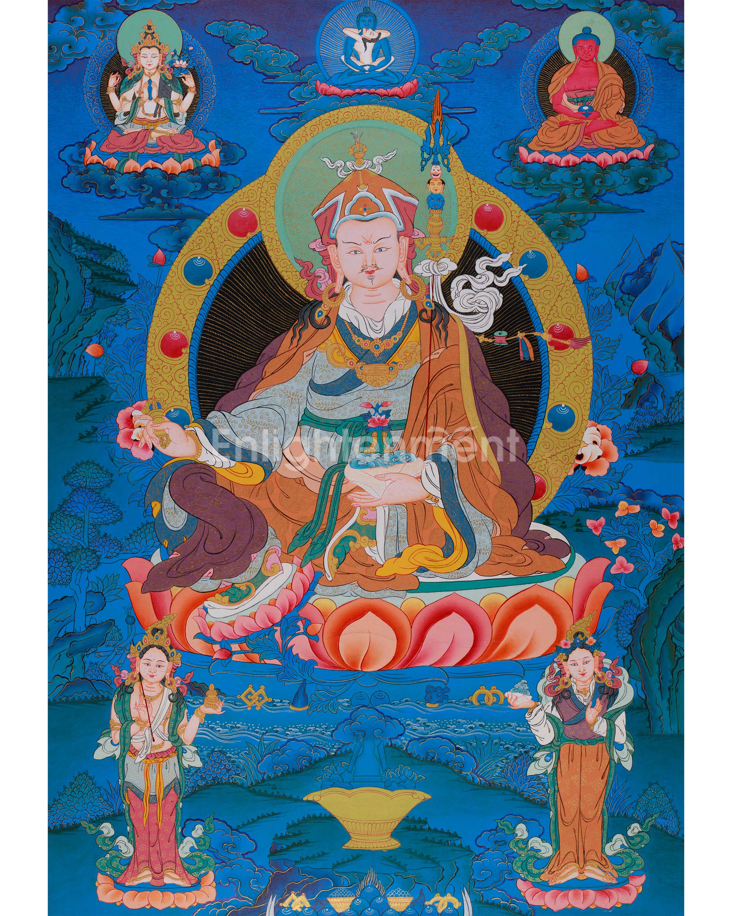 Guru Padmasambhava Artwork | Tibetan Thangka with Enlightened Beings and 24K Gold Detailing