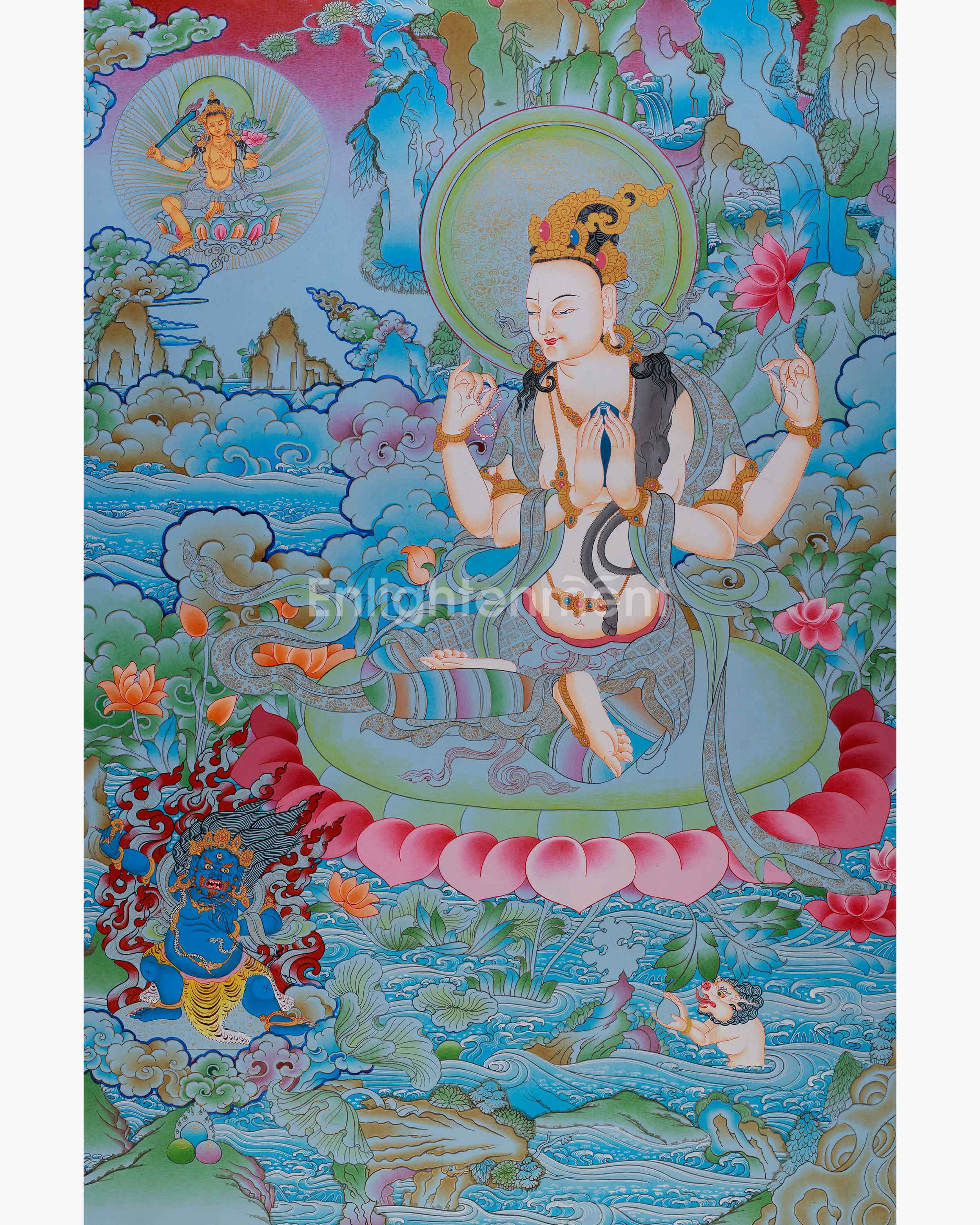 Four Armed Bodhisattva Thangka | Chenrezig Depiction with Manjushri and Vajrapani