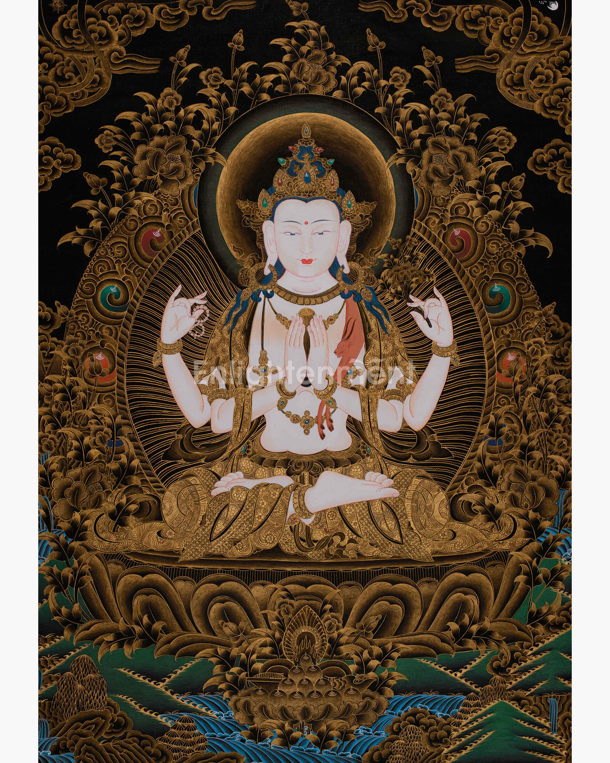 Large 30 Inches Chenrezig in Gold | Four-Armed Bodhisattva of Infinite Compassion